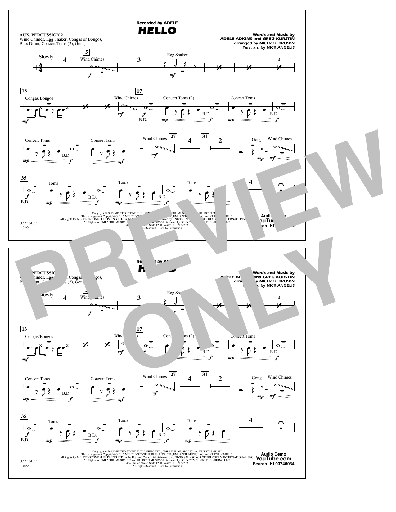 Michael Brown Hello - Aux. Percussion 2 sheet music notes and chords arranged for Marching Band