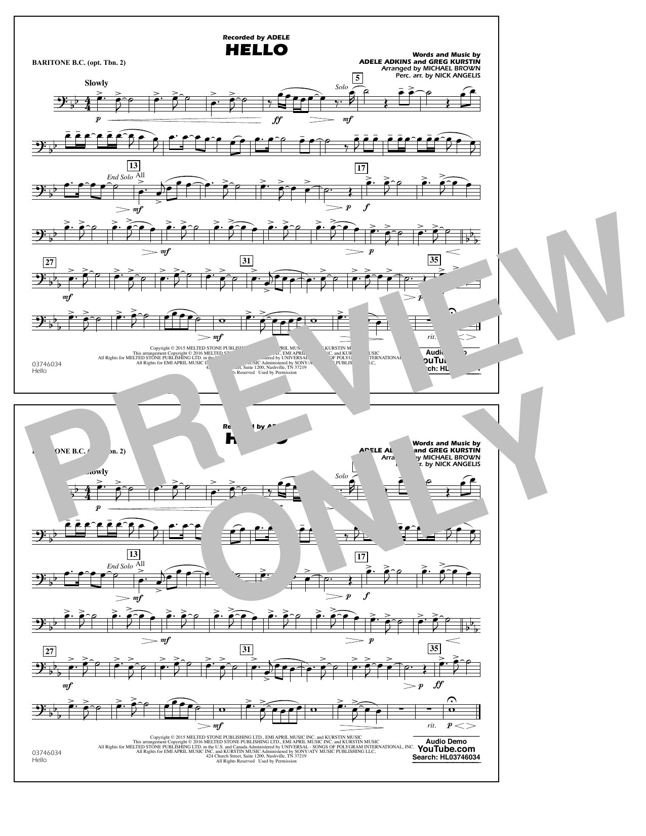 Michael Brown Hello - Baritone B.C. (Opt. Tbn. 2) sheet music notes and chords arranged for Marching Band