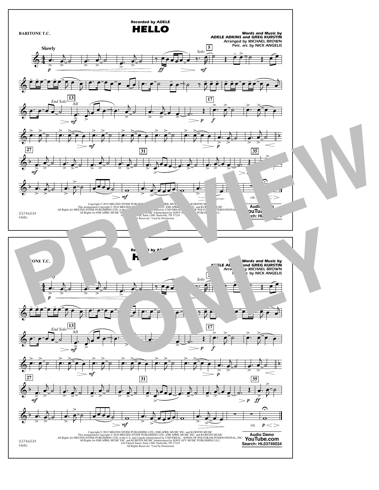 Michael Brown Hello - Baritone T.C. sheet music notes and chords arranged for Marching Band