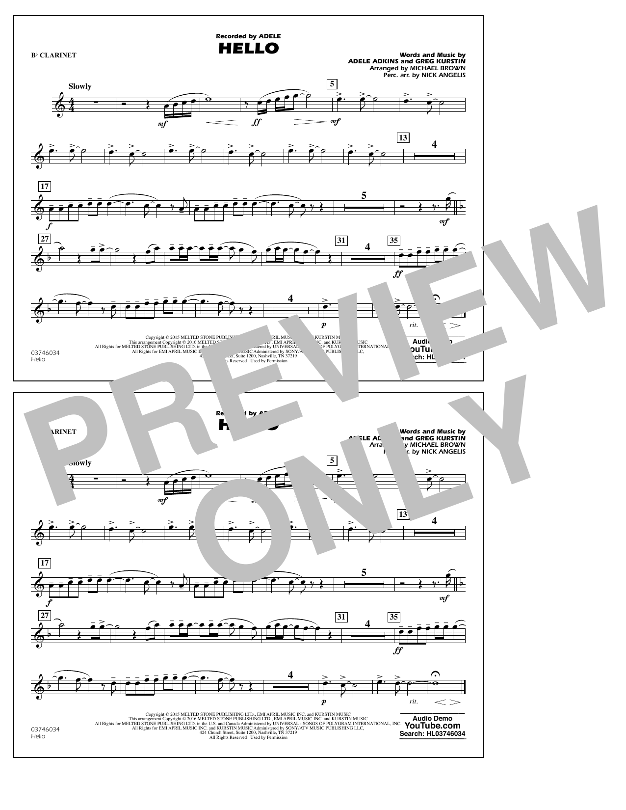 Michael Brown Hello - Bb Clarinet sheet music notes and chords arranged for Marching Band