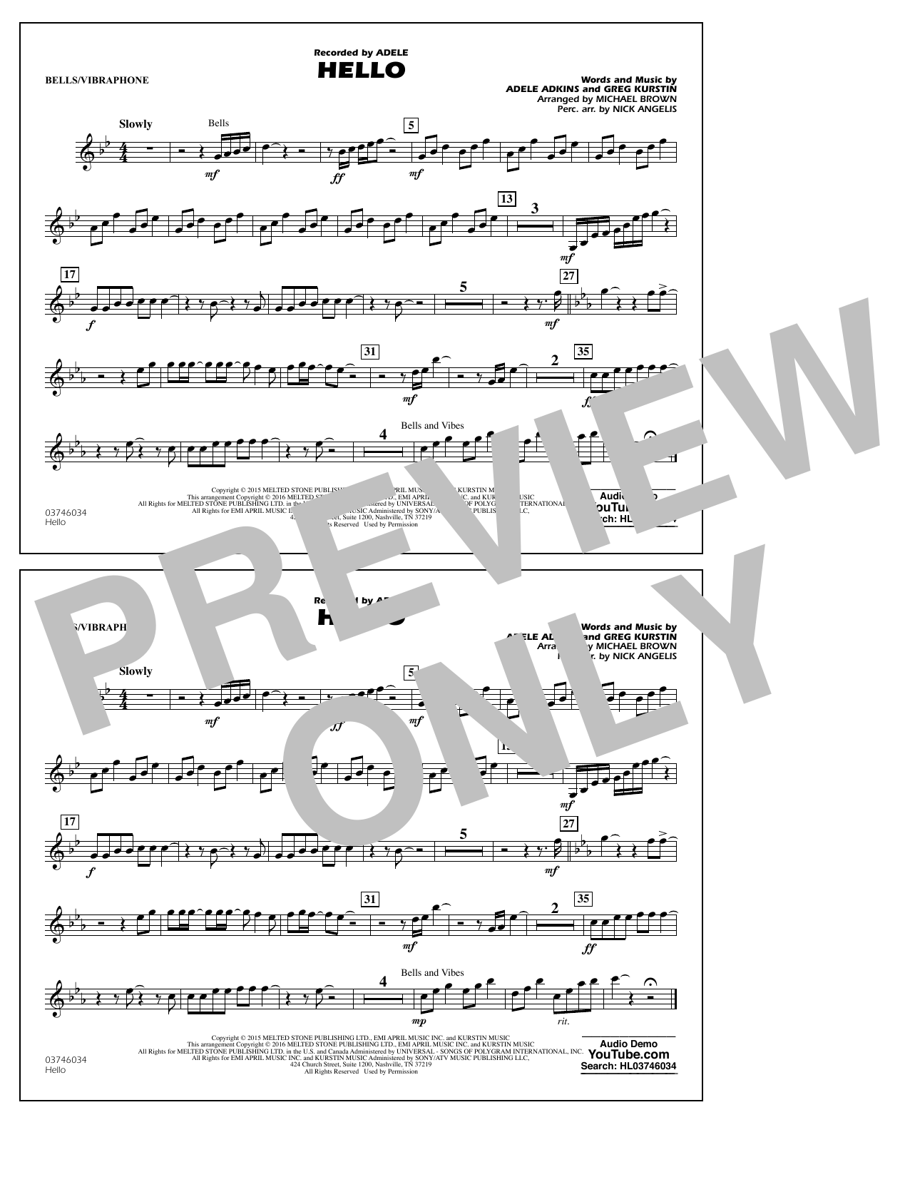 Michael Brown Hello - Bells/Vibes sheet music notes and chords arranged for Marching Band