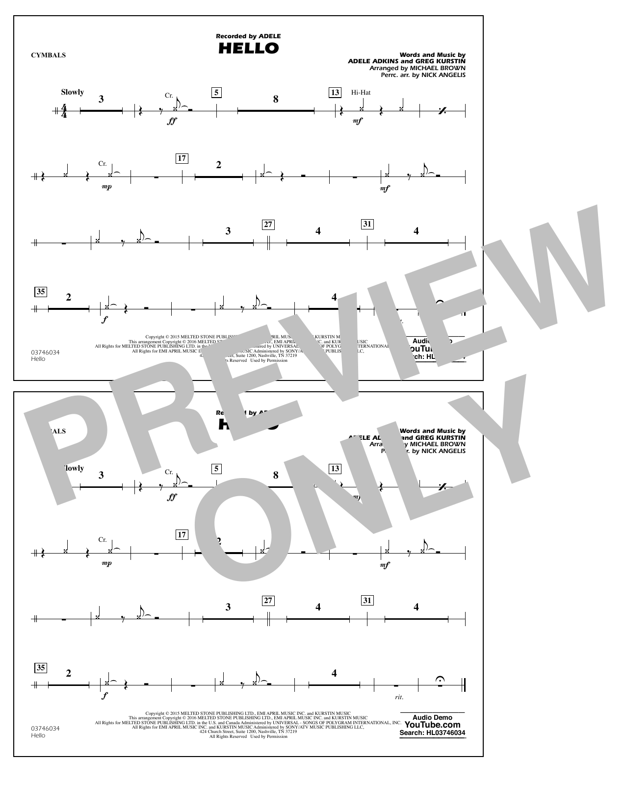 Michael Brown Hello - Cymbals sheet music notes and chords arranged for Marching Band