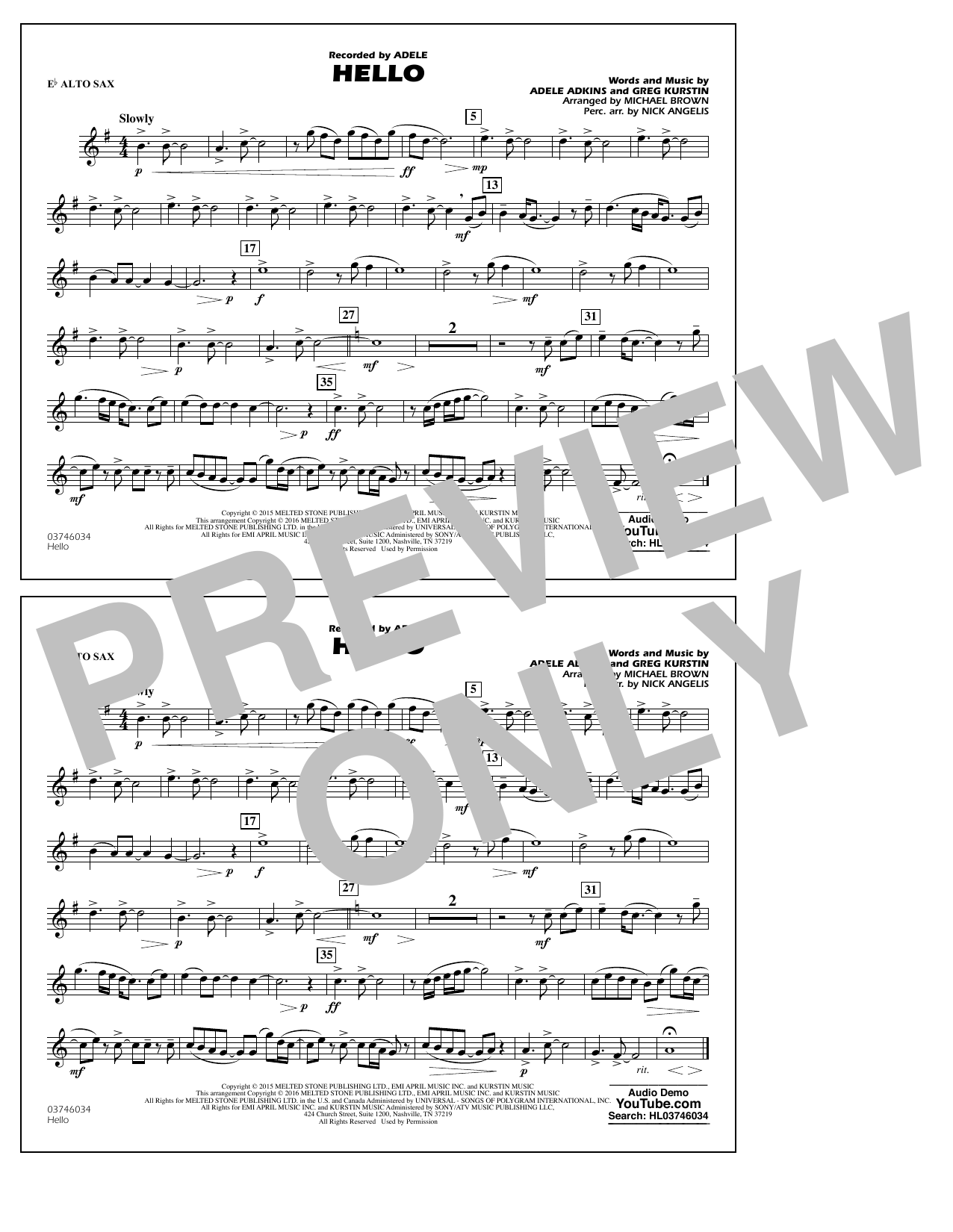 Michael Brown Hello - Eb Alto Sax sheet music notes and chords arranged for Marching Band