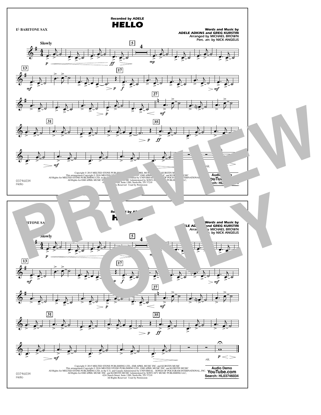 Michael Brown Hello - Eb Baritone Sax sheet music notes and chords arranged for Marching Band