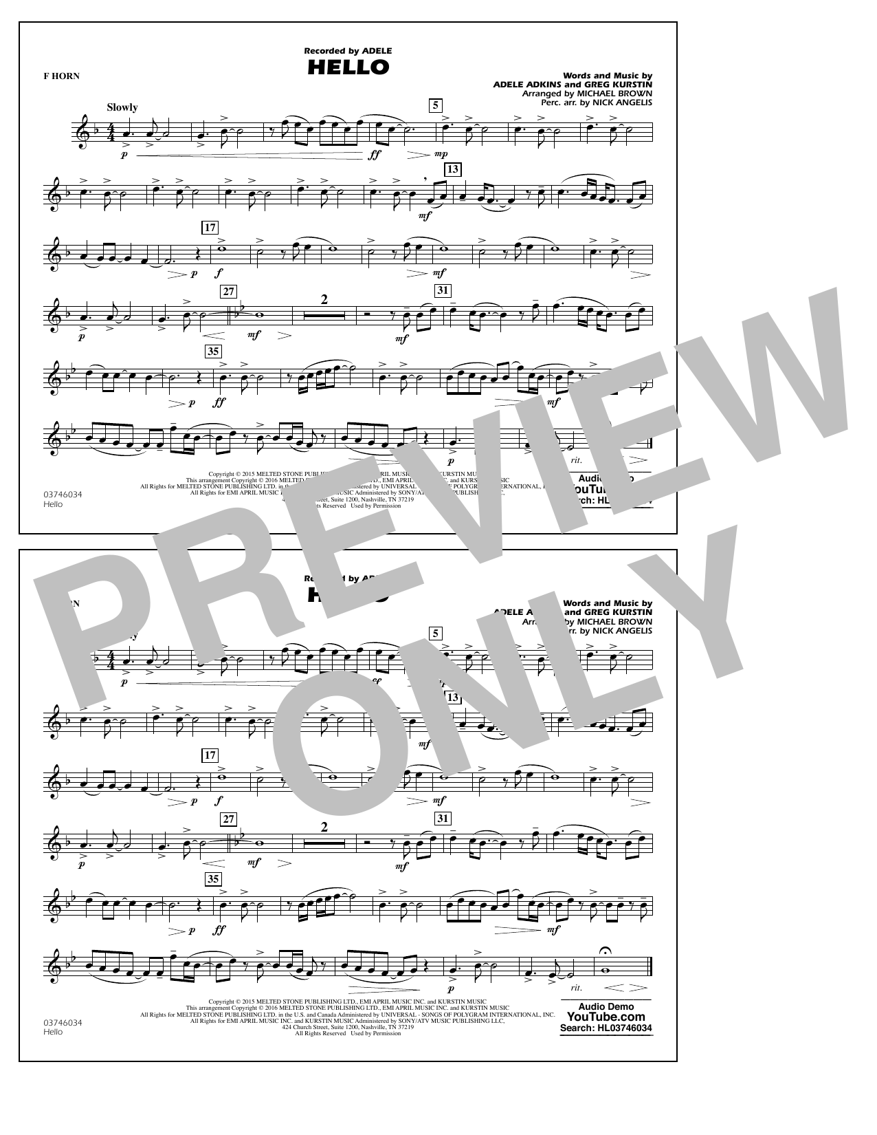 Michael Brown Hello - F Horn sheet music notes and chords arranged for Marching Band