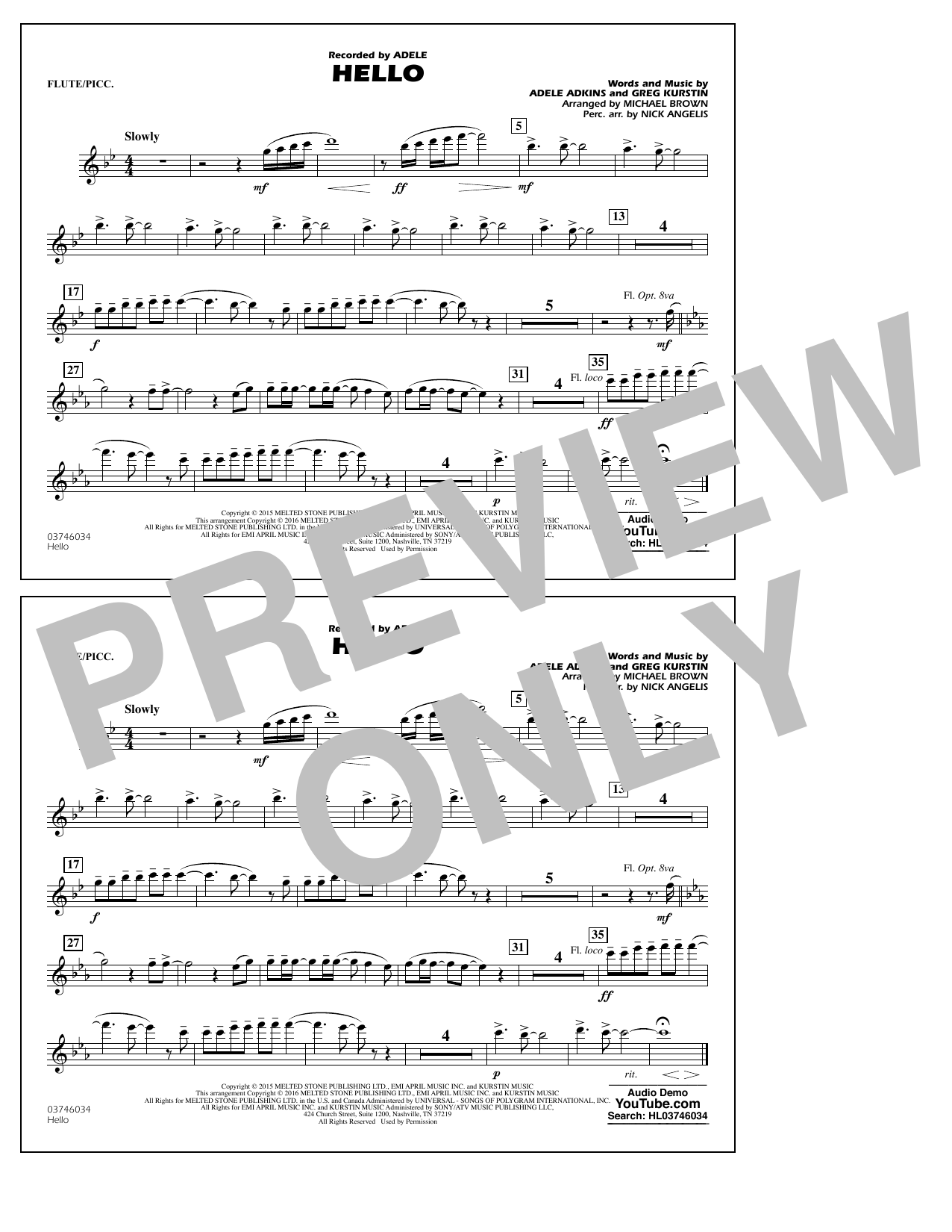 Michael Brown Hello - Flute/Piccolo sheet music notes and chords arranged for Marching Band