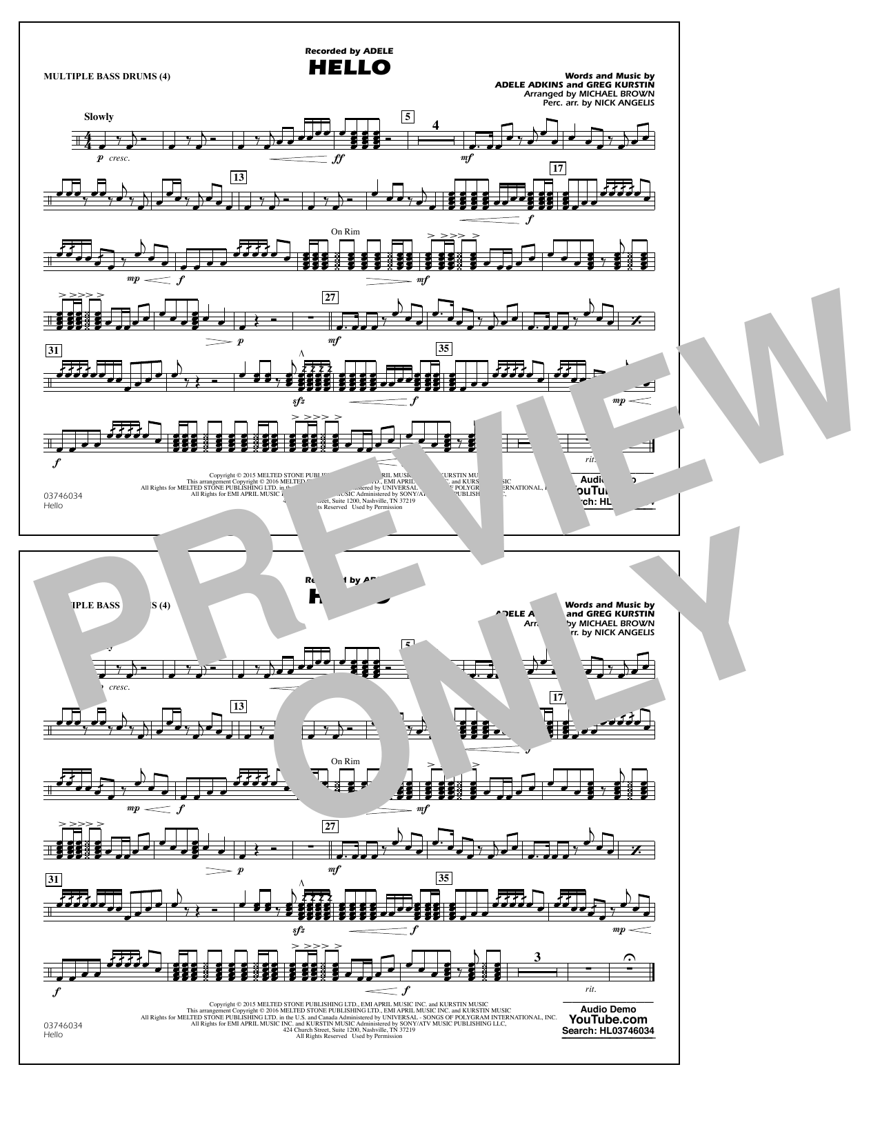Michael Brown Hello - Multiple Bass Drums sheet music notes and chords arranged for Marching Band