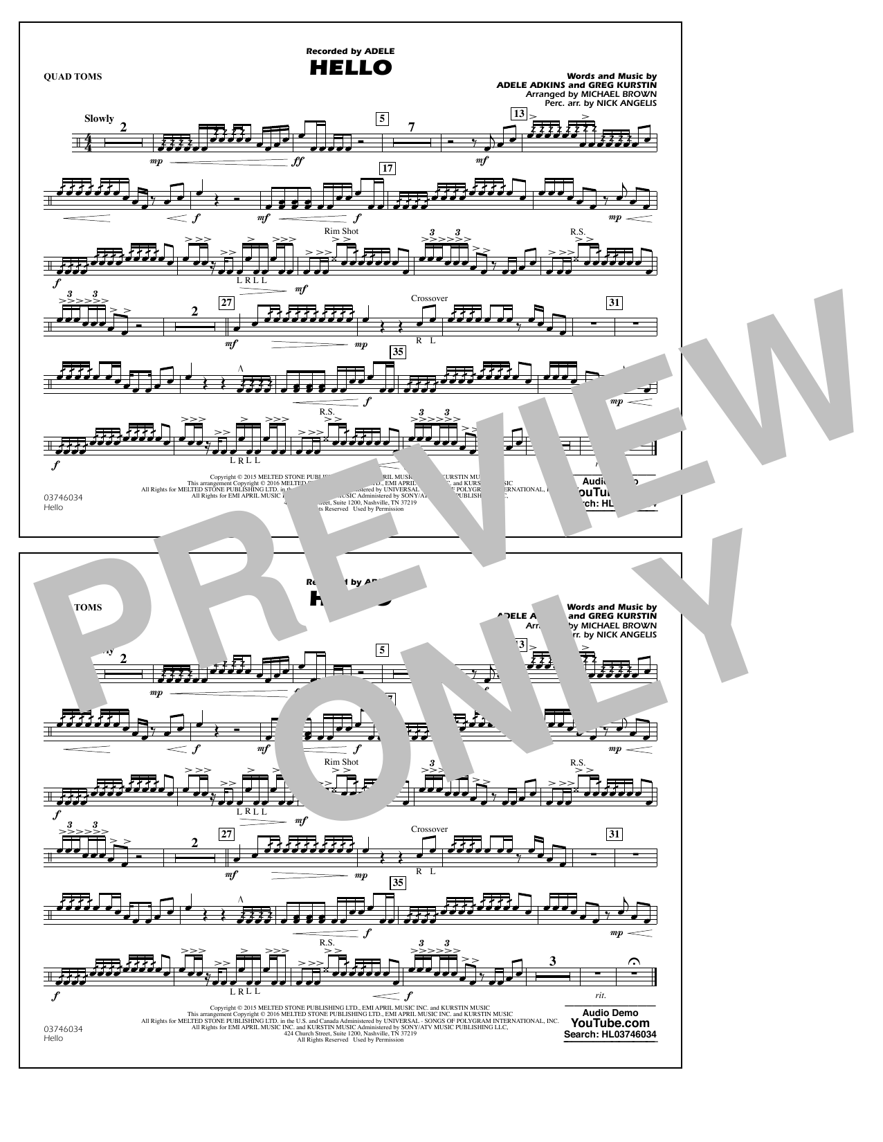 Michael Brown Hello - Quad Toms sheet music notes and chords arranged for Marching Band