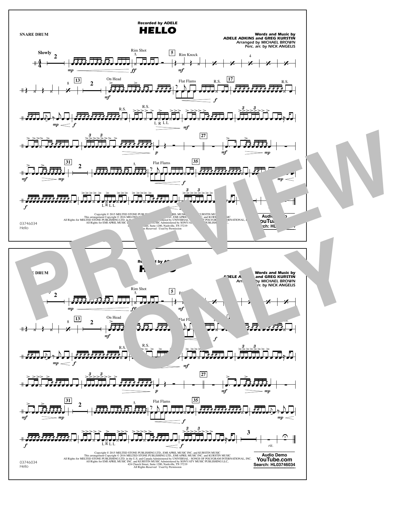 Michael Brown Hello - Snare Drum sheet music notes and chords arranged for Marching Band