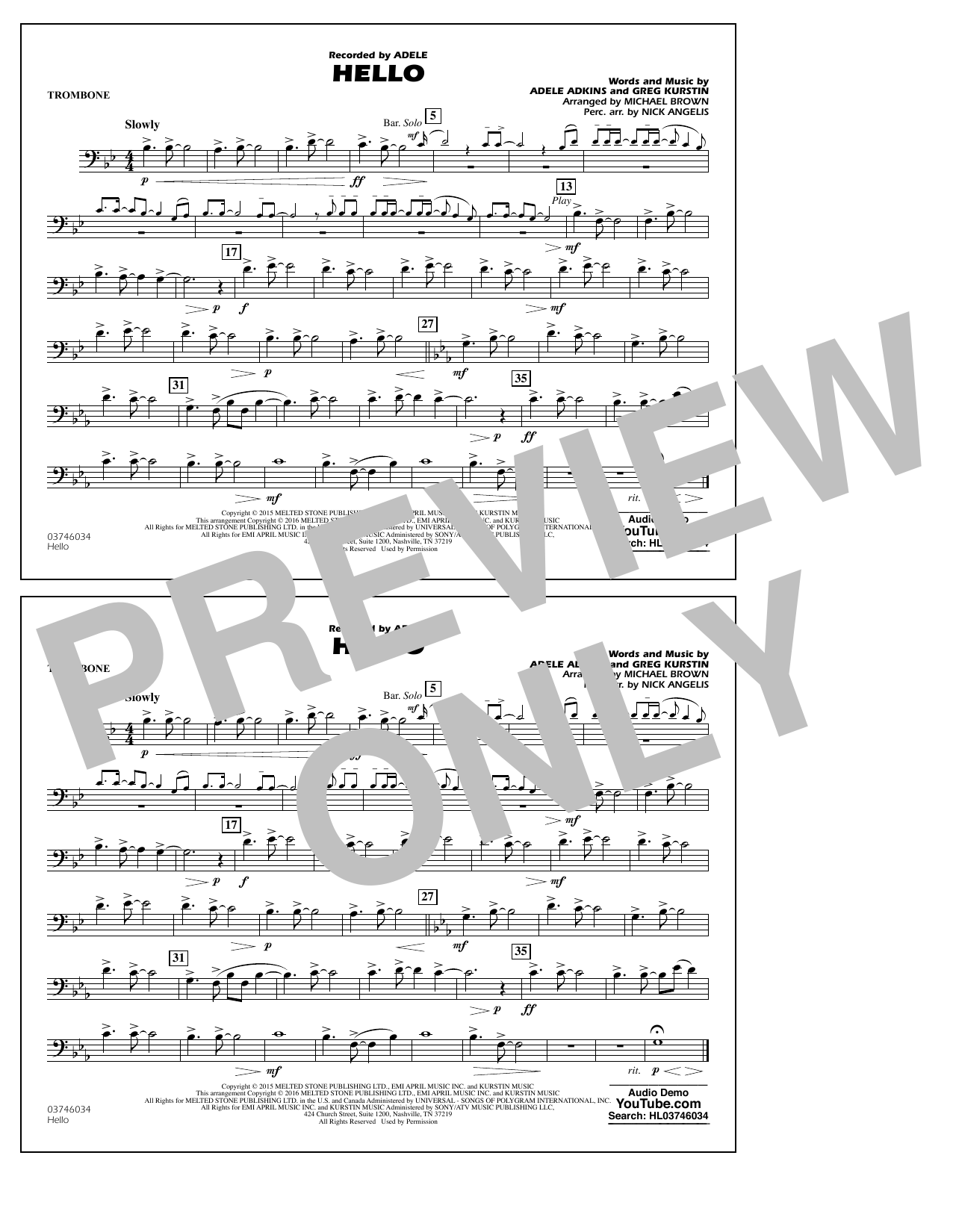 Michael Brown Hello - Trombone sheet music notes and chords arranged for Marching Band