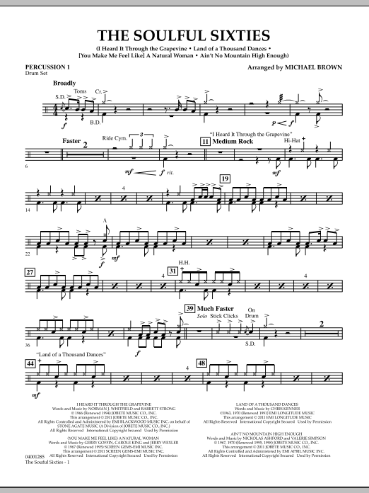 Michael Brown The Soulful Sixties - Percussion 1 sheet music notes and chords arranged for Concert Band