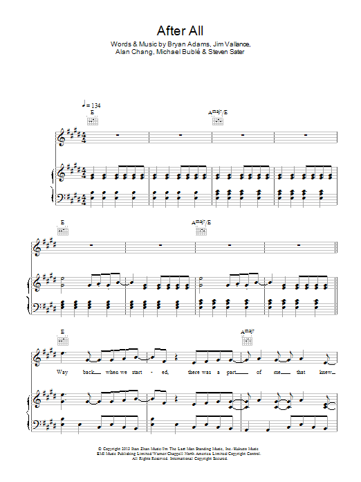 Bryan Adams After All sheet music notes and chords arranged for Piano, Vocal & Guitar Chords