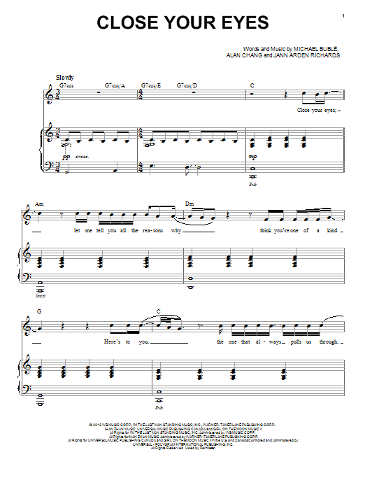 Michael Buble Close Your Eyes sheet music notes and chords arranged for Piano, Vocal & Guitar Chords