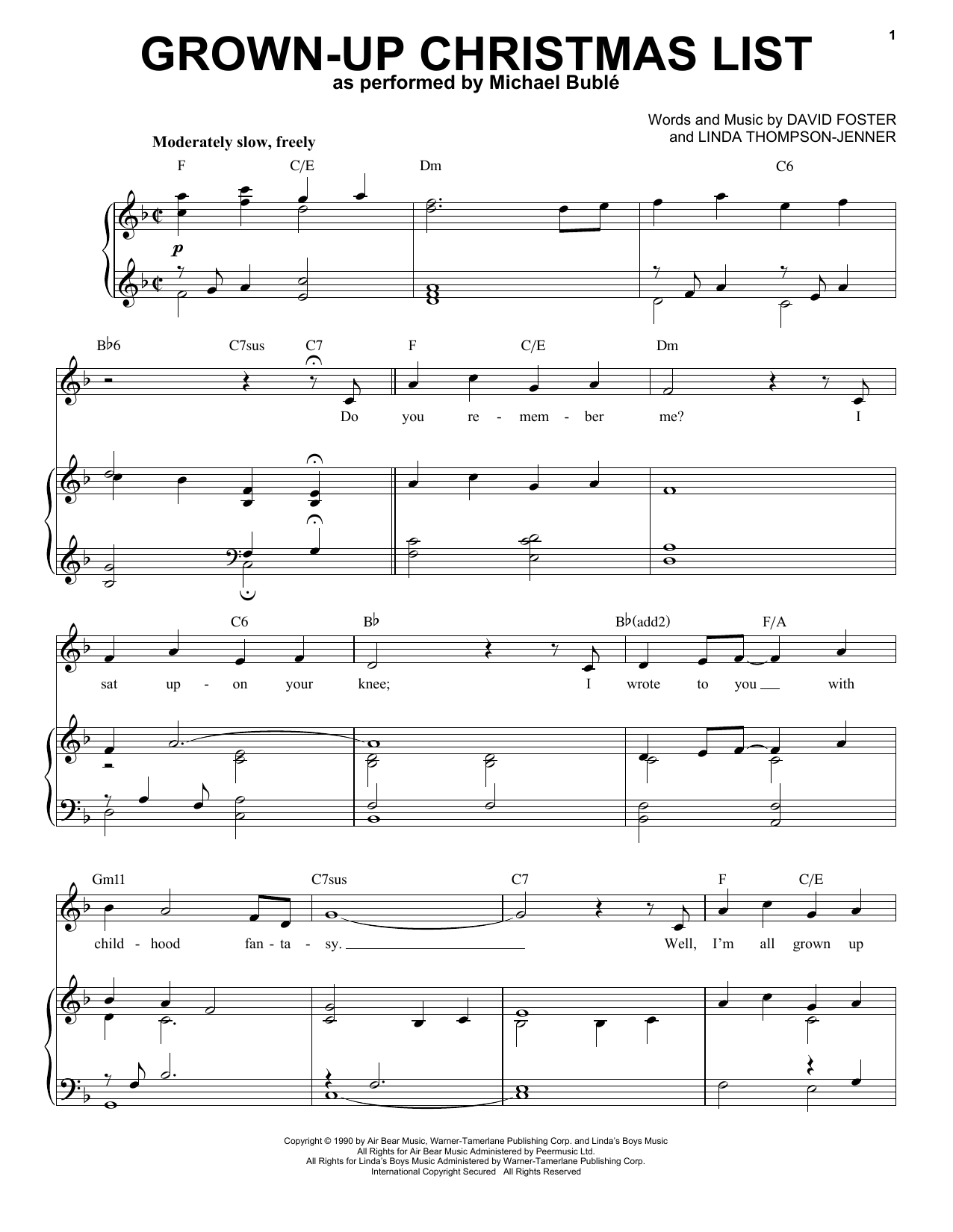 Michael Buble Grown-Up Christmas List sheet music notes and chords arranged for Piano & Vocal