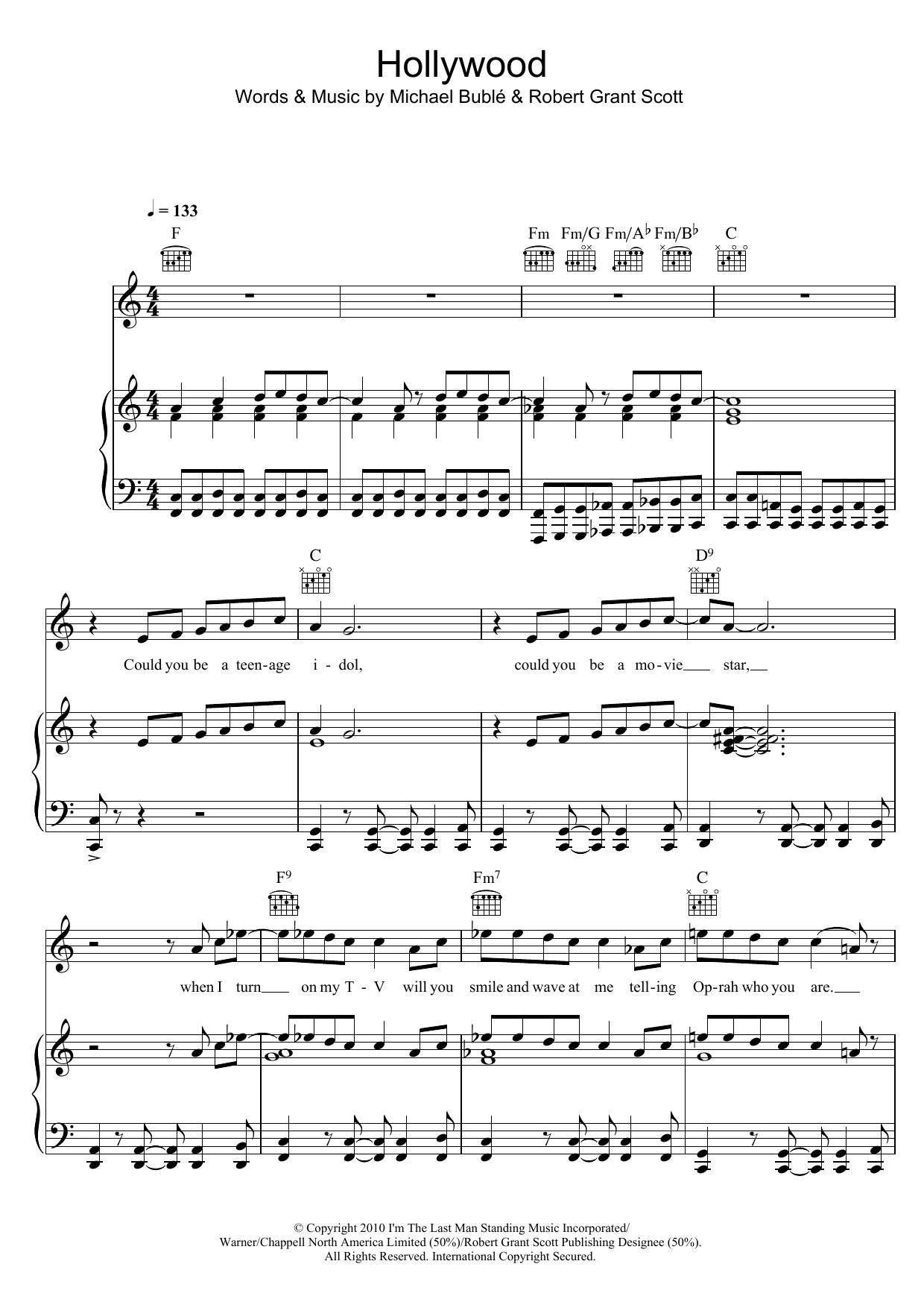 Michael Bublé Hollywood sheet music notes and chords arranged for Piano, Vocal & Guitar Chords