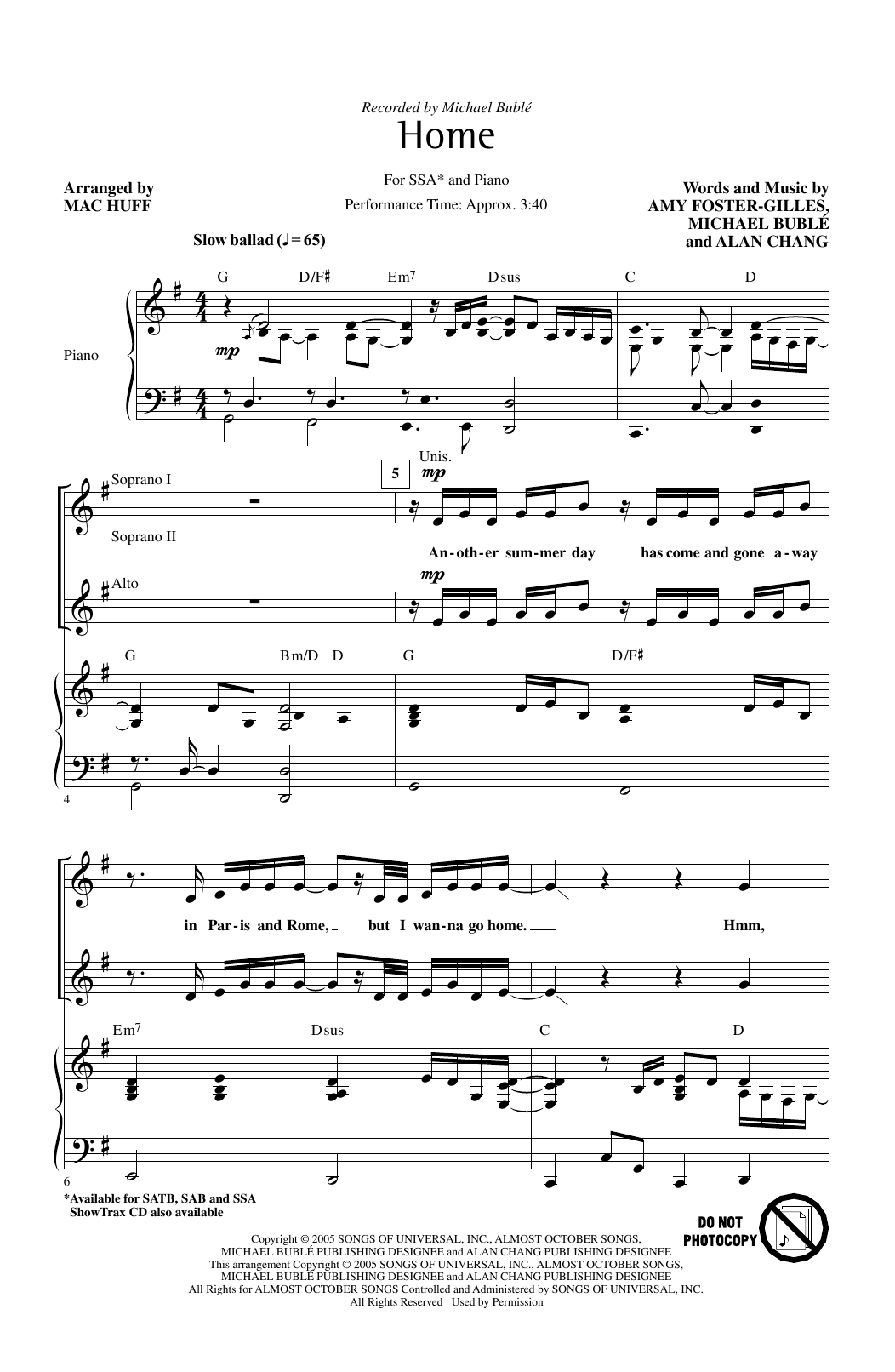 Michael Buble Home (arr. Mac Huff) sheet music notes and chords arranged for SSA Choir