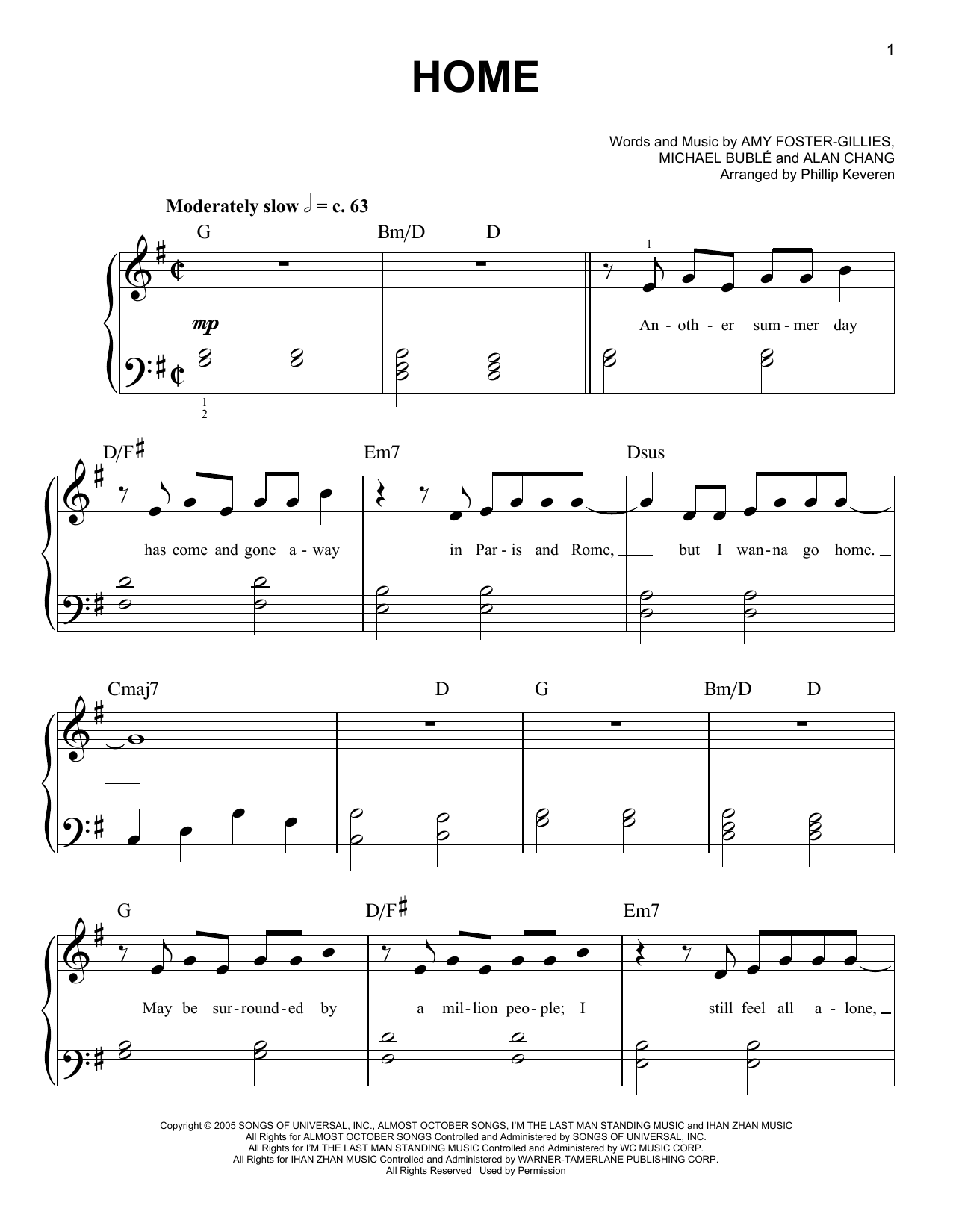 Michael Buble Home (arr. Phillip Keveren) sheet music notes and chords arranged for Easy Piano