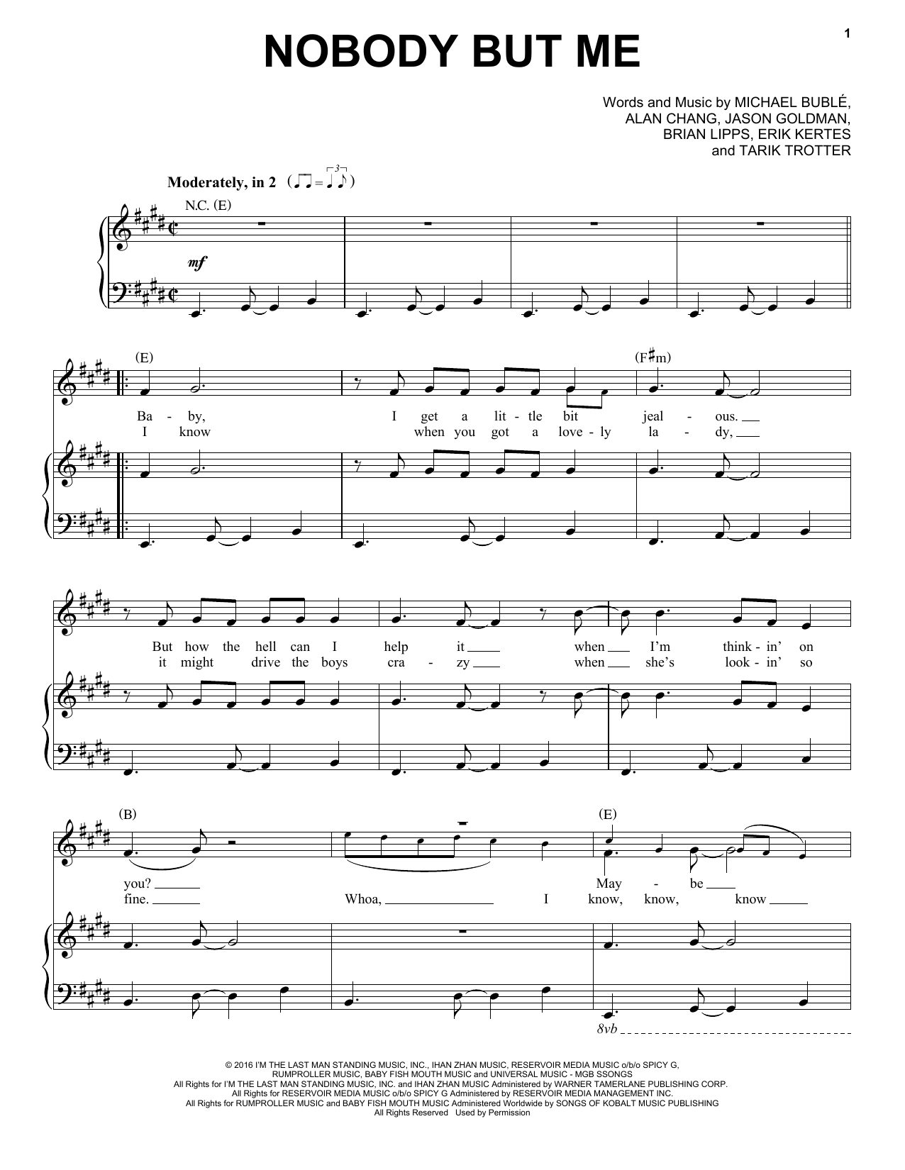 Michael Buble Nobody But Me sheet music notes and chords arranged for Piano, Vocal & Guitar Chords (Right-Hand Melody)