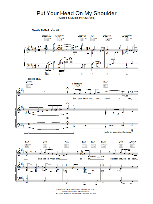 Michael Buble Put Your Head On My Shoulder sheet music notes and chords arranged for Piano, Vocal & Guitar Chords