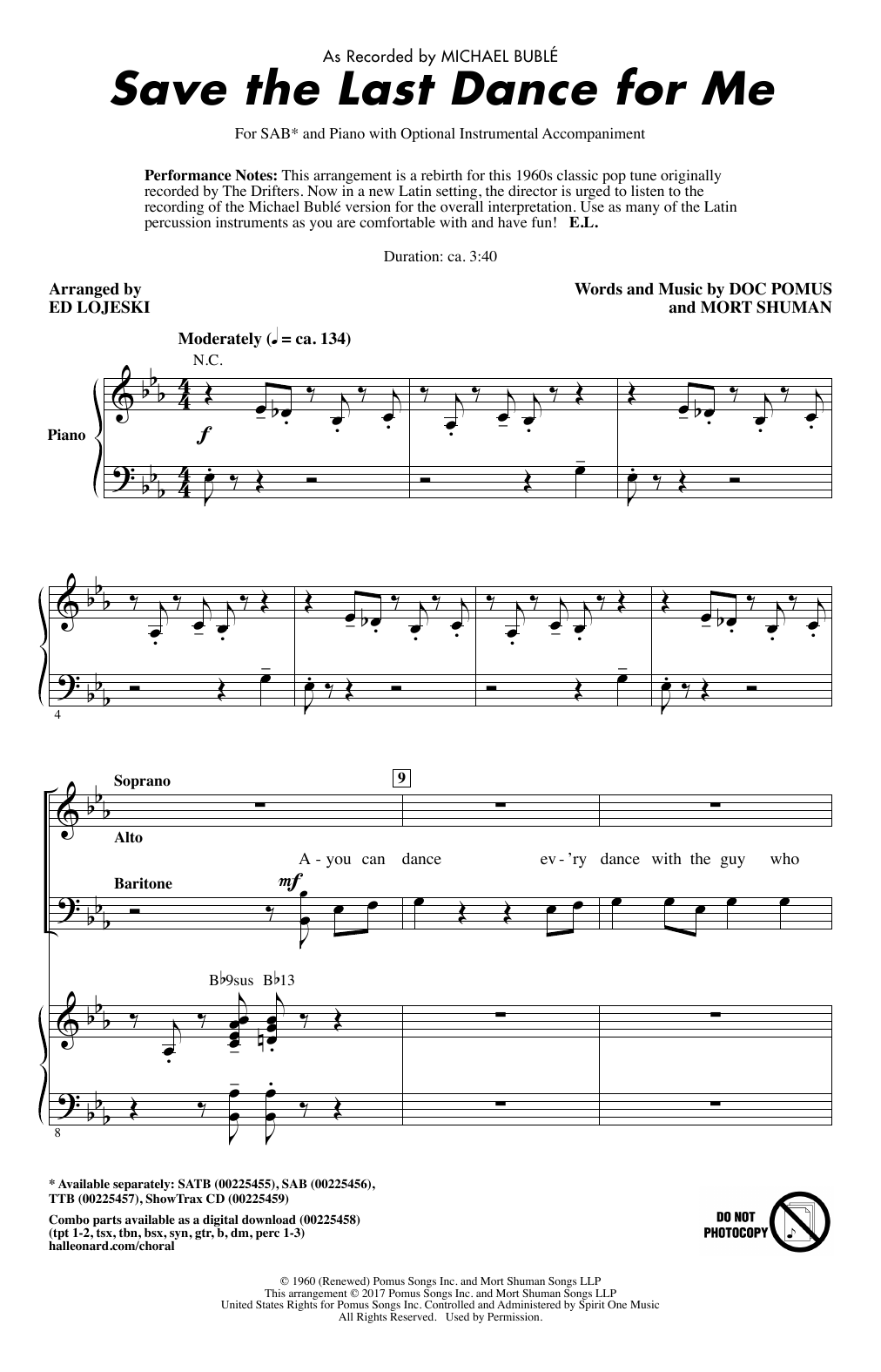 Michael Bublé Save The Last Dance For Me (arr. Ed Lojeski) sheet music notes and chords arranged for SAB Choir