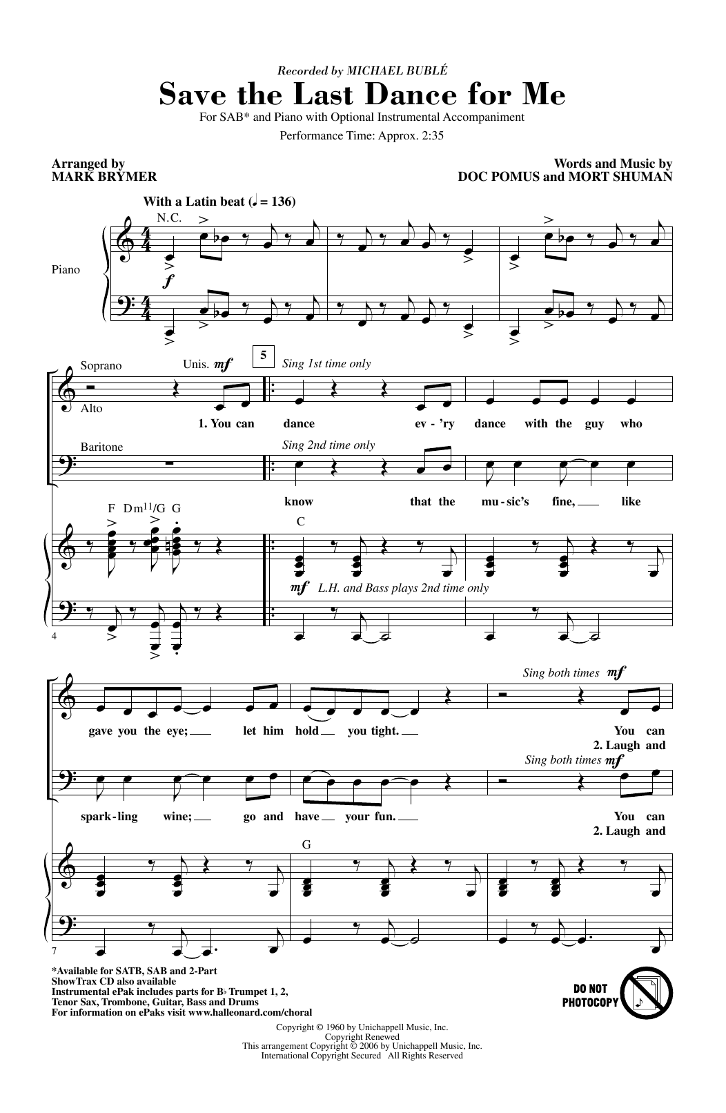 Michael Buble Save The Last Dance For Me (arr. Mark Brymer) sheet music notes and chords arranged for SATB Choir