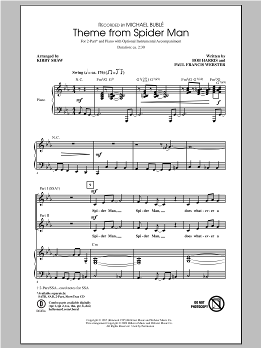 Michael Bublé Theme From Spider-Man (arr. Kirby Shaw) sheet music notes and chords arranged for 2-Part Choir