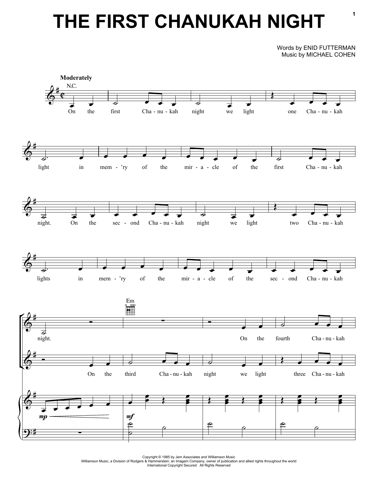 Michael Cohen The First Chanukah Night (from Yours, Anne) sheet music notes and chords arranged for Piano, Vocal & Guitar Chords (Right-Hand Melody)