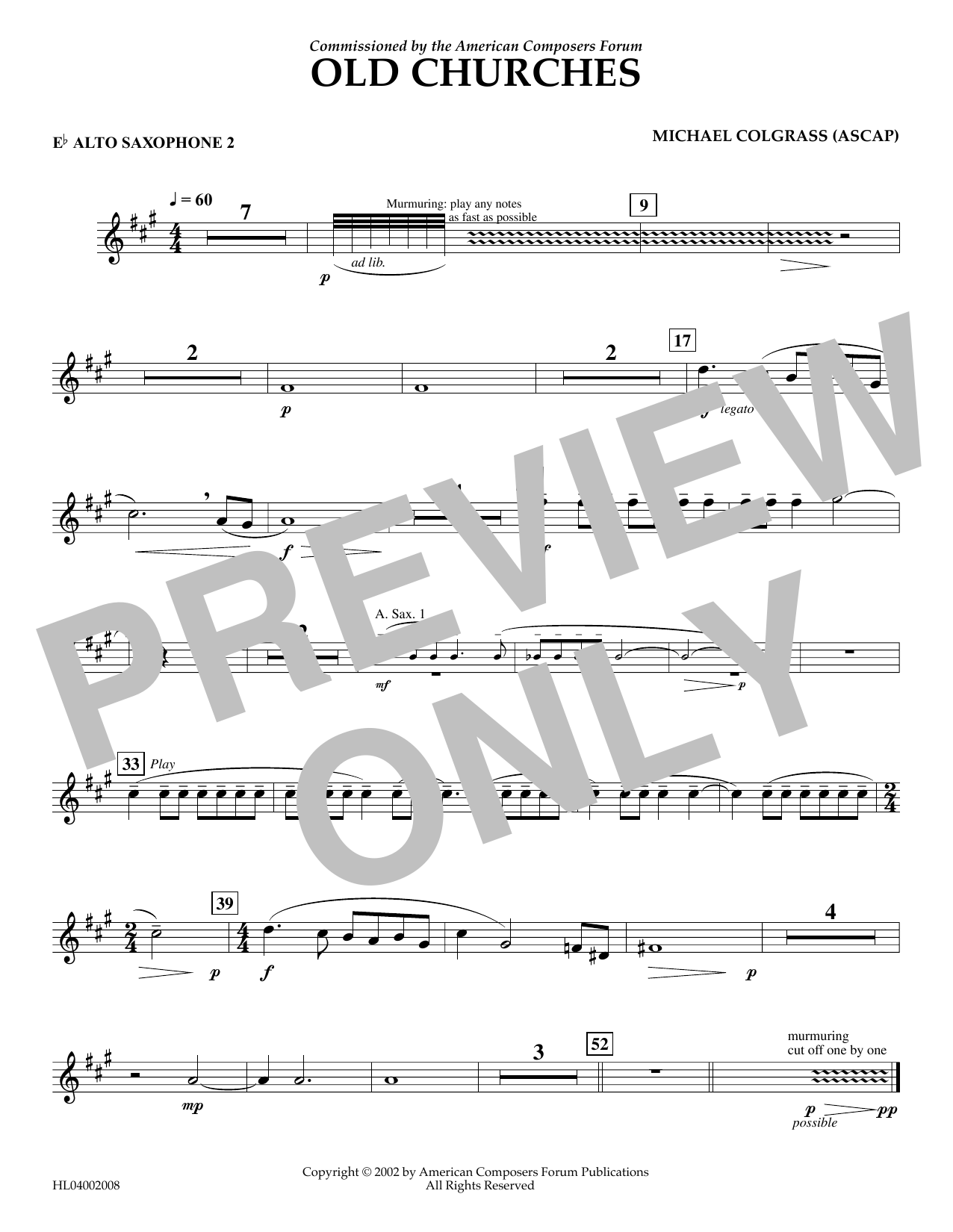 Michael Colgrass Old Churches - Eb Alto Saxophone 2 sheet music notes and chords arranged for Concert Band