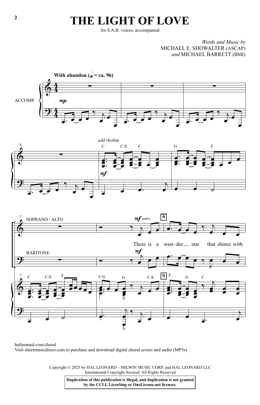 Michael E. Showalter and Michael Barrett The Light Of Love sheet music notes and chords arranged for SAB Choir
