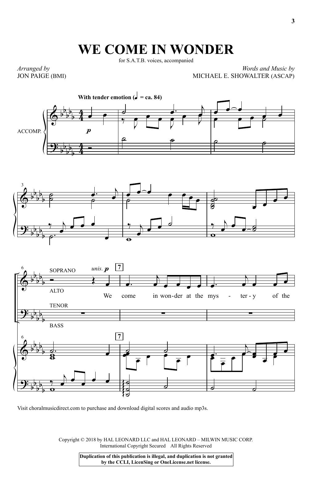 Michael E. Showalter We Come In Wonder (arr. Jon Paige) sheet music notes and chords arranged for SATB Choir