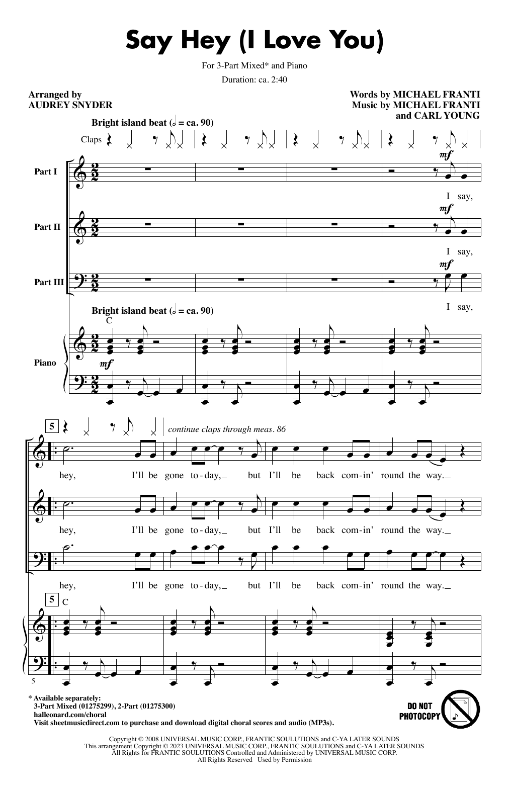 Michael Franti & Spearhead feat. Cherine Anderson Say Hey (I Love You) (arr. Audrey Snyder) sheet music notes and chords arranged for 2-Part Choir