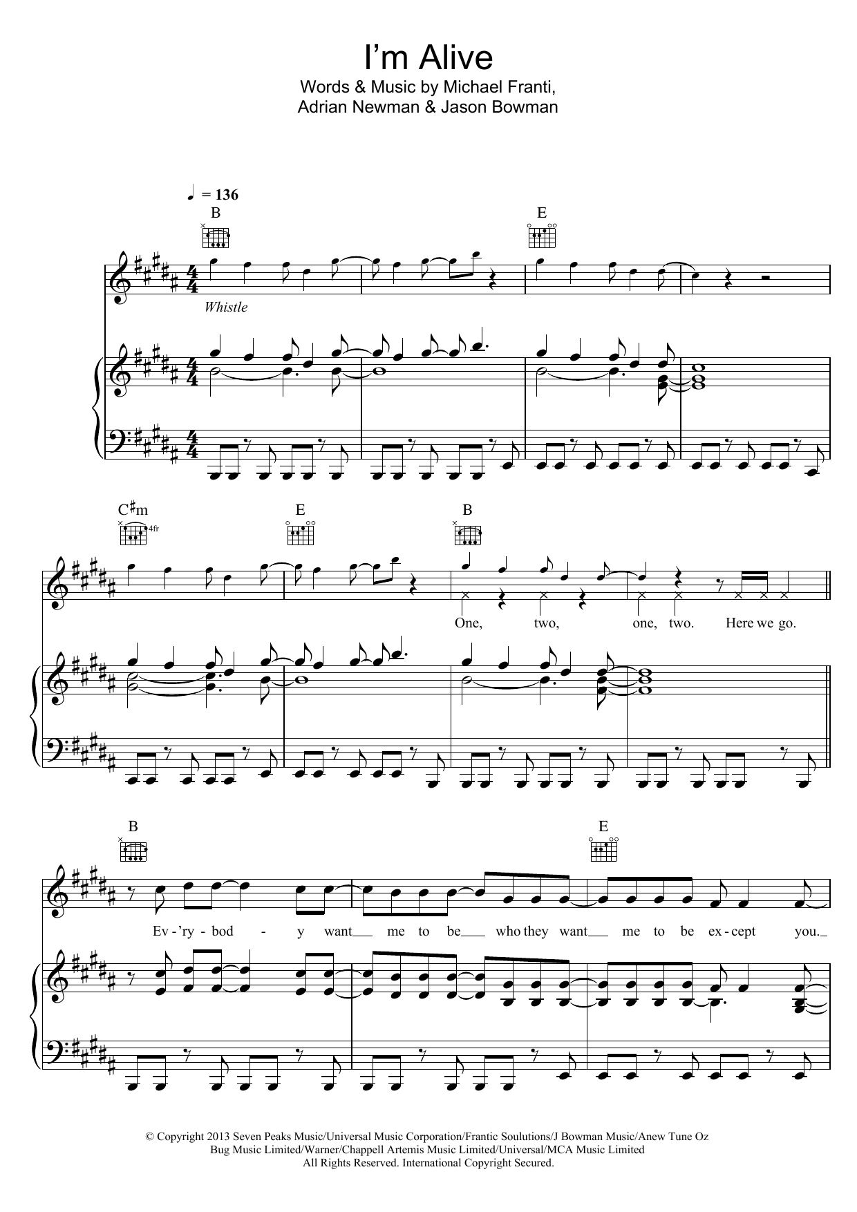 Michael Franti & Spearhead I'm Alive (Life Sounds Like) sheet music notes and chords arranged for Piano, Vocal & Guitar Chords