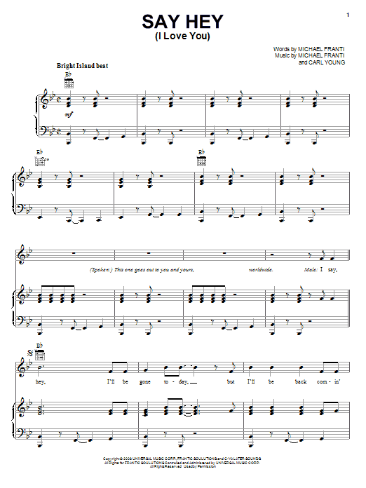 Michael Franti & Spearhead Say Hey (I Love You) sheet music notes and chords arranged for Piano, Vocal & Guitar Chords (Right-Hand Melody)