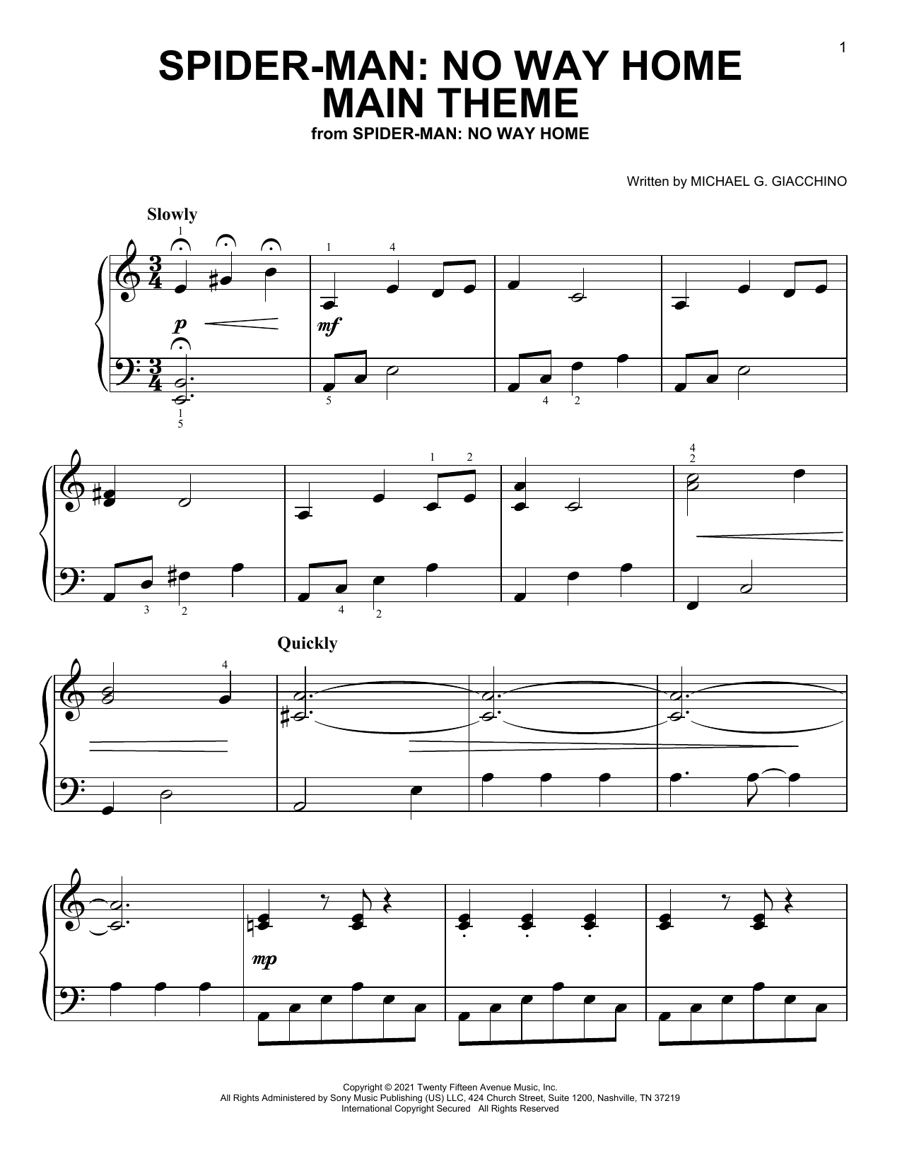 Michael G. Giacchino Spider-Man: No Way Home (Main Theme) sheet music notes and chords arranged for Easy Piano