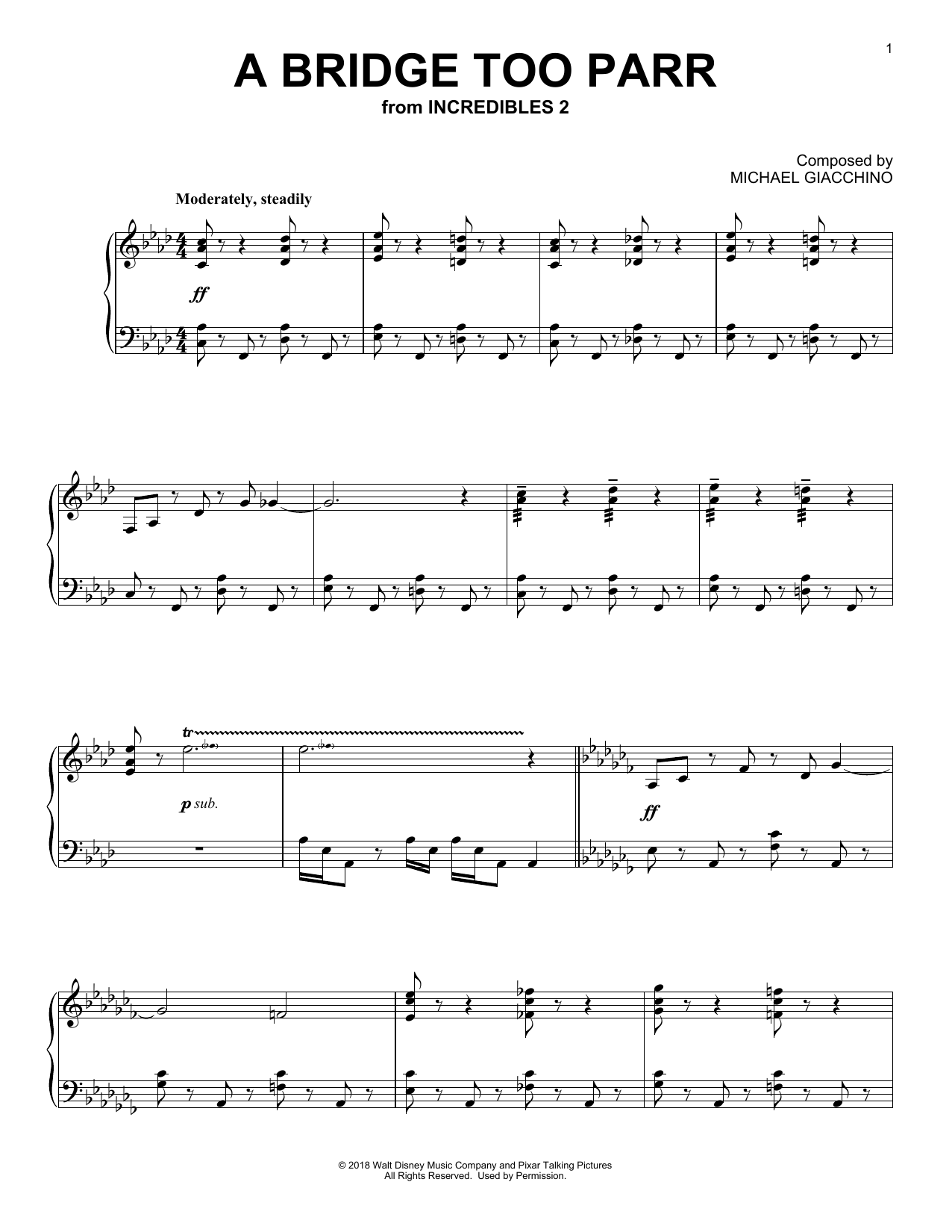 Michael Giacchino A Bridge Too Parr (from Incredibles 2) sheet music notes and chords arranged for Piano Solo