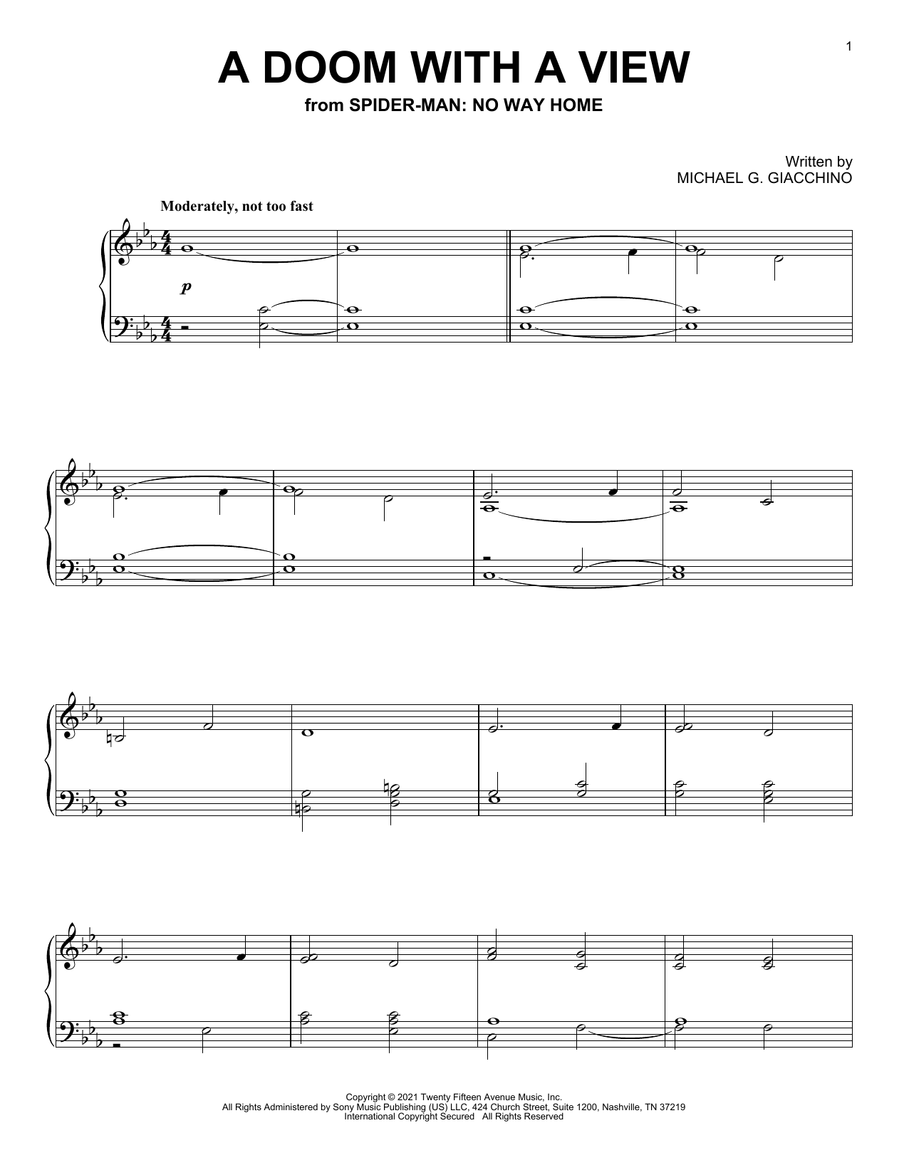 Michael Giacchino A Doom With A View (from Spider-Man: No Way Home) sheet music notes and chords arranged for Piano Solo