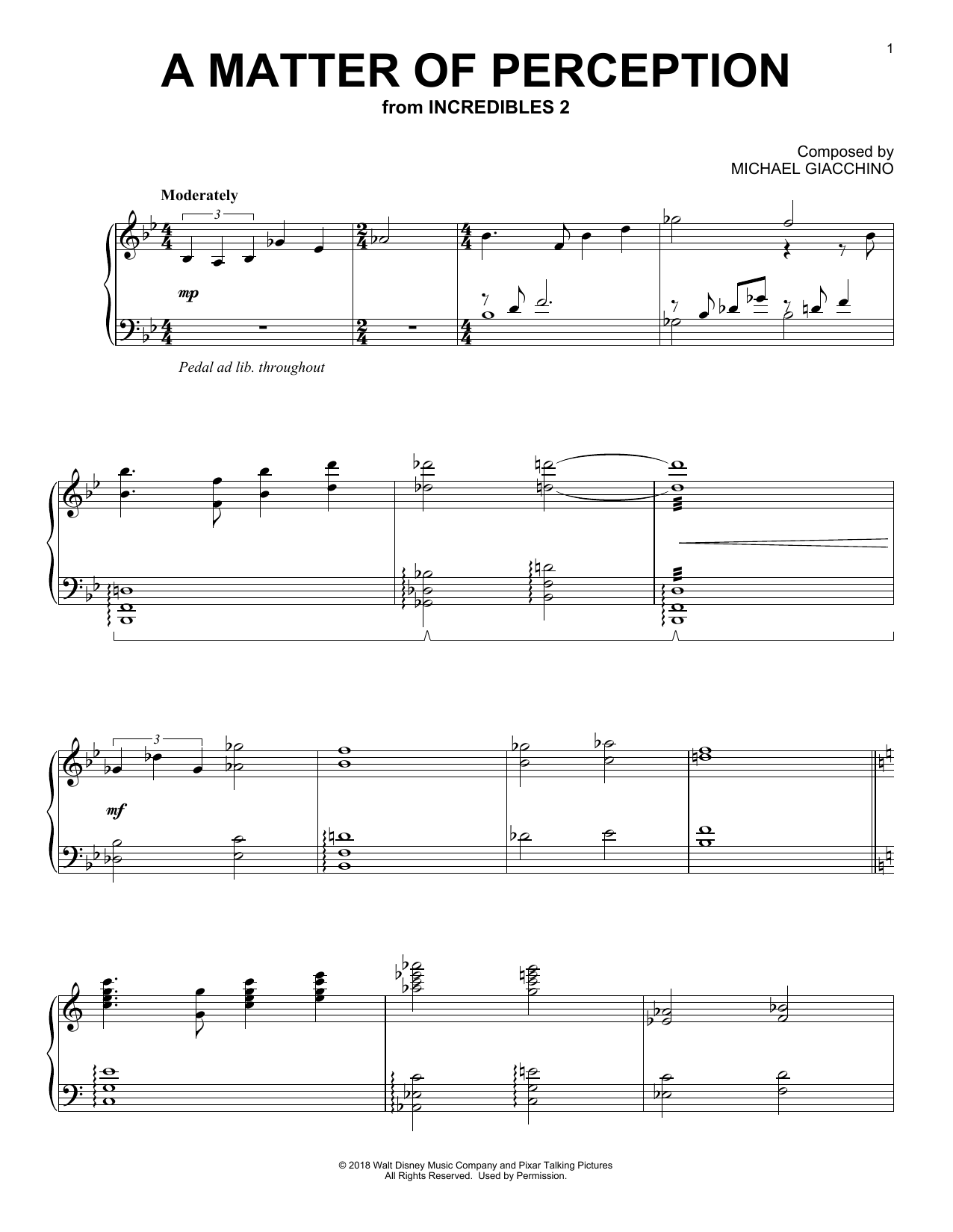 Michael Giacchino A Matter Of Perception (from Incredibles 2) sheet music notes and chords arranged for Piano Solo