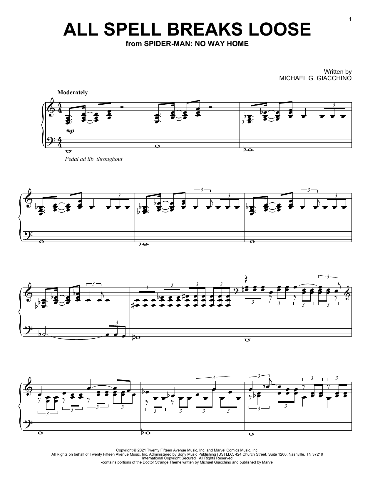 Michael Giacchino All Spell Breaks Loose (from Spider-Man: No Way Home) sheet music notes and chords arranged for Piano Solo