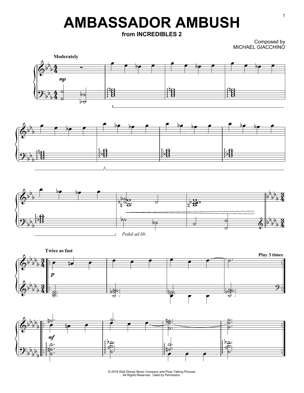 Michael Giacchino Ambassador Ambush (from Incredibles 2) sheet music notes and chords arranged for Piano Solo