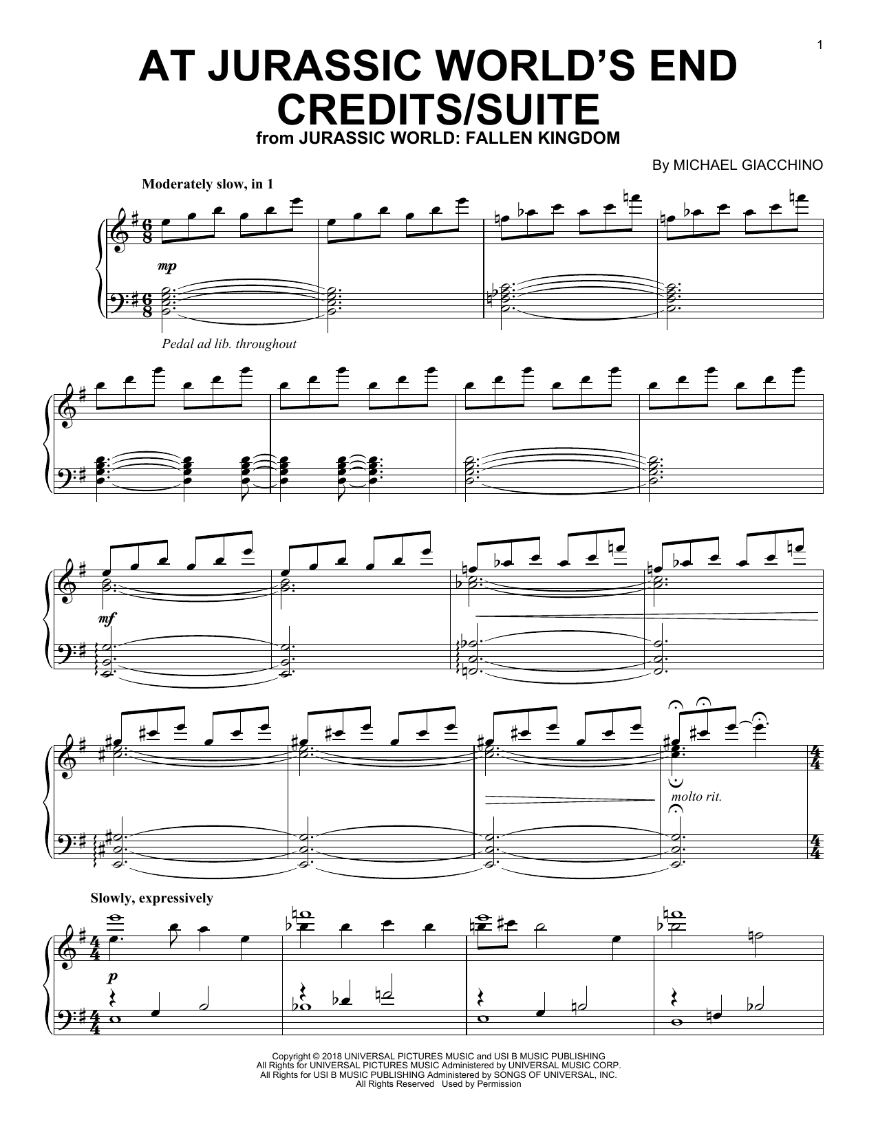 Michael Giacchino At Jurassic World's End Credits/Suite (from Jurassic World: Fallen Kingdom) sheet music notes and chords arranged for Piano Solo