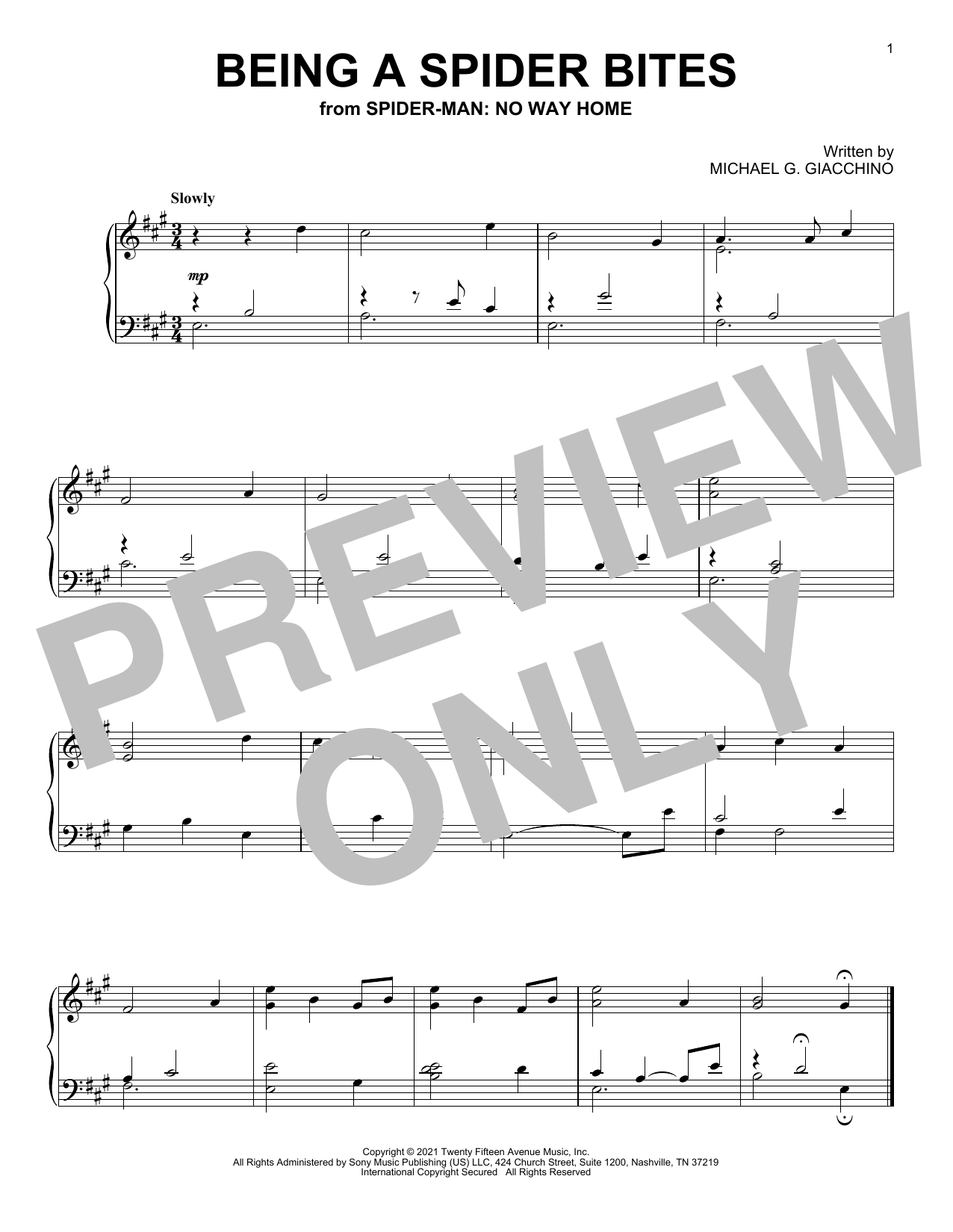 Michael Giacchino Being A Spider Bites (from Spider-Man: No Way Home) sheet music notes and chords arranged for Piano Solo