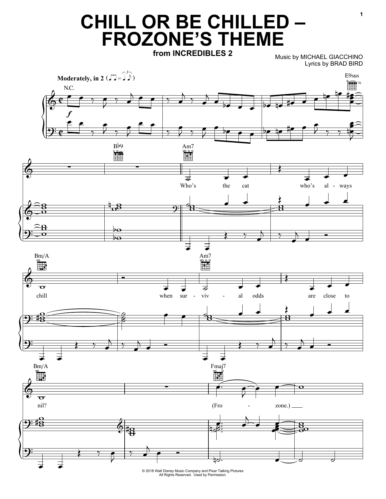 Michael Giacchino Chill Or Be Chilled - Frozone's Theme (from Incredibles 2) sheet music notes and chords arranged for Piano, Vocal & Guitar Chords (Right-Hand Melody)