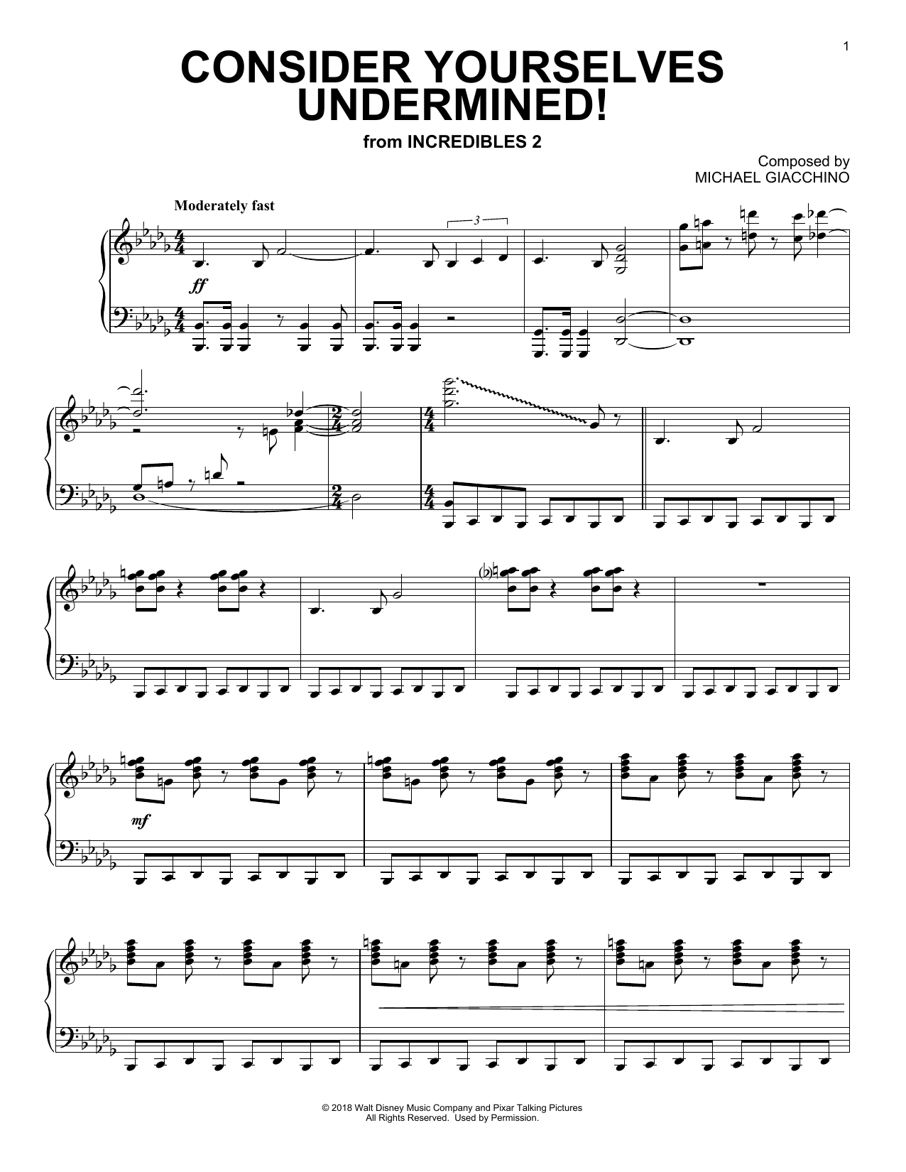 Michael Giacchino Consider Yourself Underminded! (from Incredibles 2) sheet music notes and chords arranged for Piano Solo