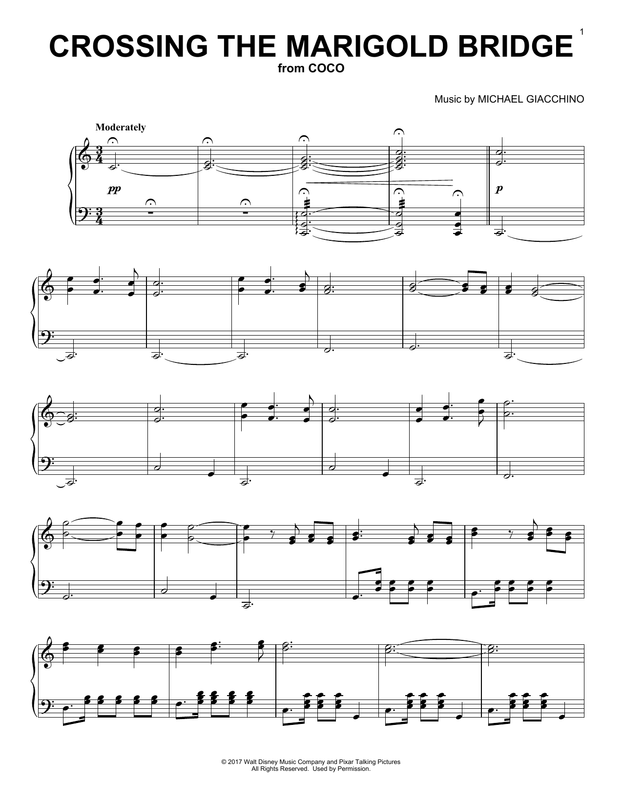 Michael Giacchino Crossing The Marigold Bridge (from Coco) sheet music notes and chords arranged for Piano Solo