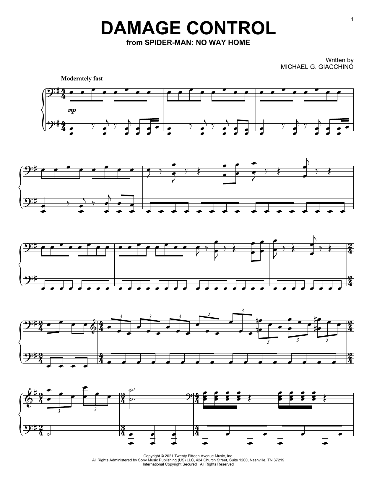 Michael Giacchino Damage Control (from Spider-Man: No Way Home) sheet music notes and chords arranged for Piano Solo