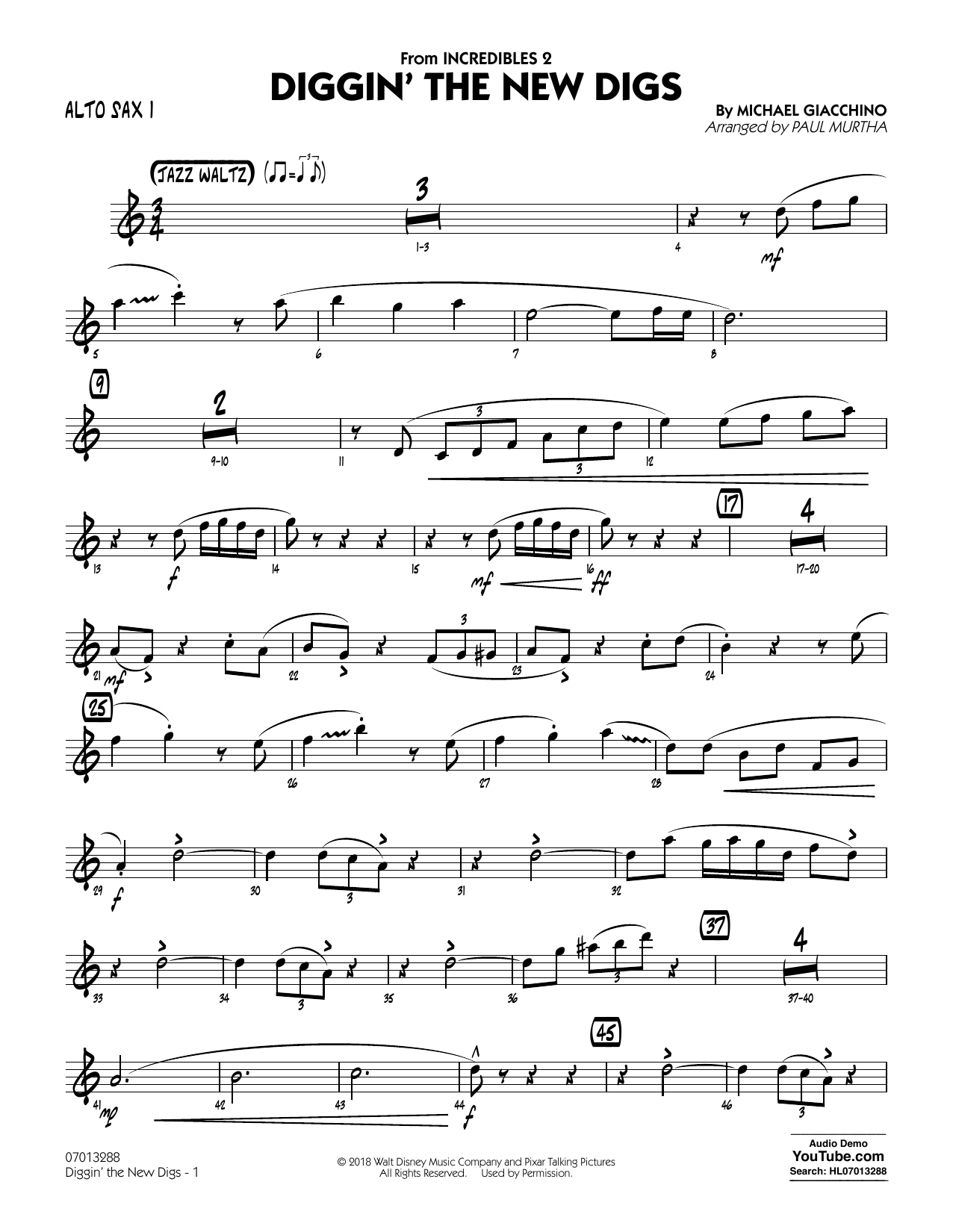 Michael Giacchino Diggin' the New Digs (from Incredibles 2) (arr. Paul Murtha) - Alto Sax 1 sheet music notes and chords arranged for Jazz Ensemble