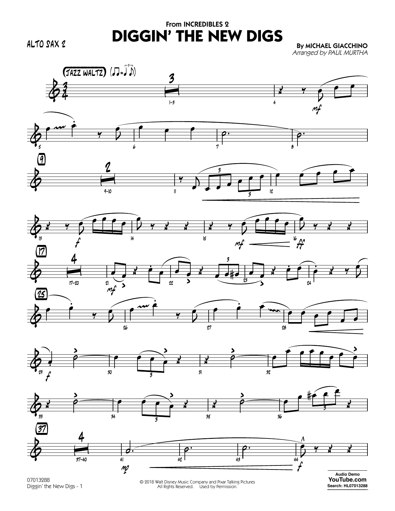 Michael Giacchino Diggin' the New Digs (from Incredibles 2) (arr. Paul Murtha) - Alto Sax 2 sheet music notes and chords arranged for Jazz Ensemble