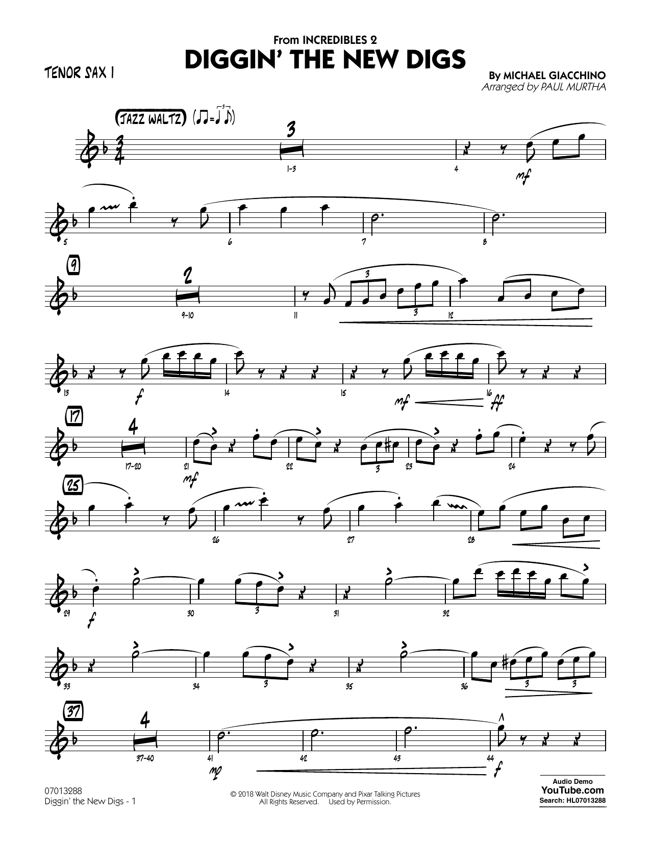 Michael Giacchino Diggin' the New Digs (from Incredibles 2) (arr. Paul Murtha) - Tenor Sax 1 sheet music notes and chords arranged for Jazz Ensemble