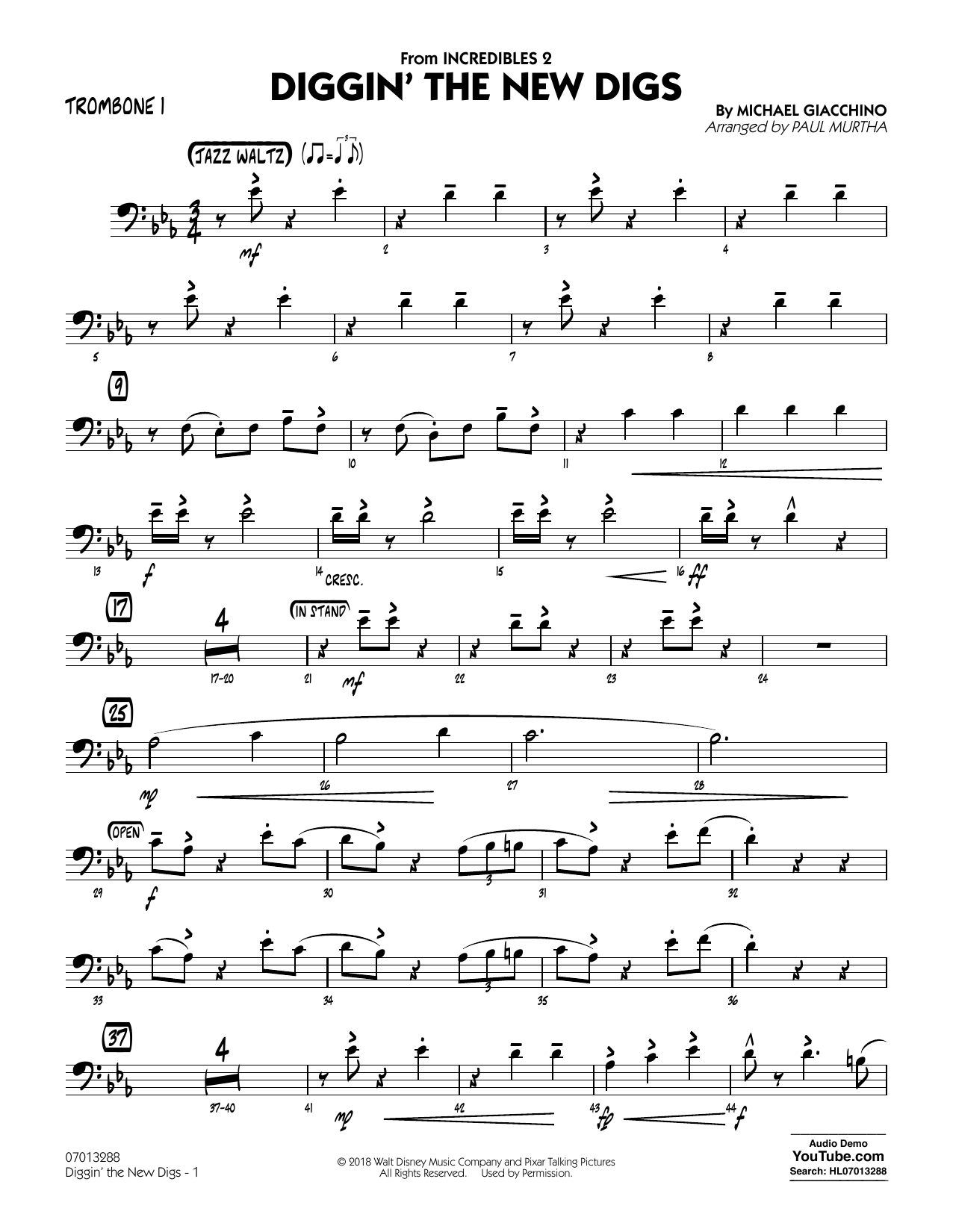 Michael Giacchino Diggin' the New Digs (from Incredibles 2) (arr. Paul Murtha) - Trombone 1 sheet music notes and chords arranged for Jazz Ensemble