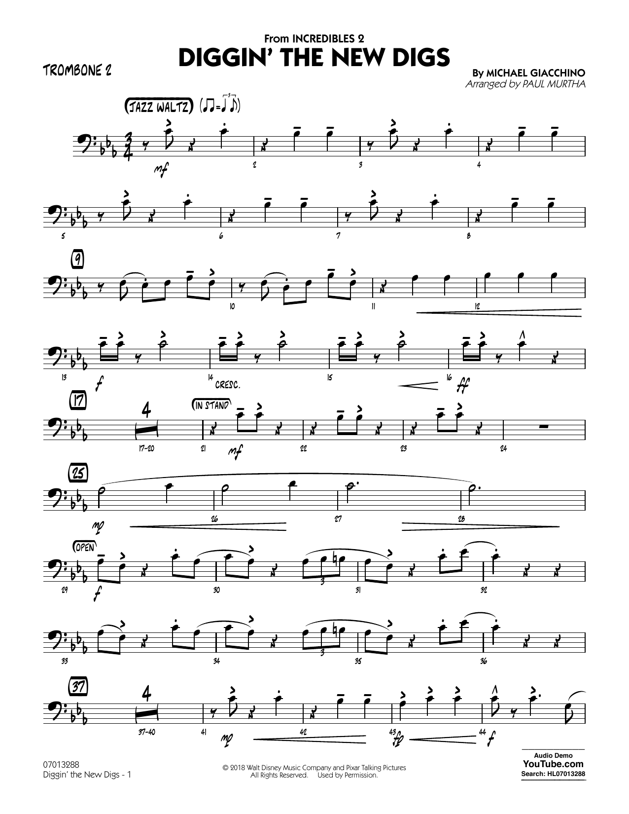 Michael Giacchino Diggin' the New Digs (from Incredibles 2) (arr. Paul Murtha) - Trombone 2 sheet music notes and chords arranged for Jazz Ensemble